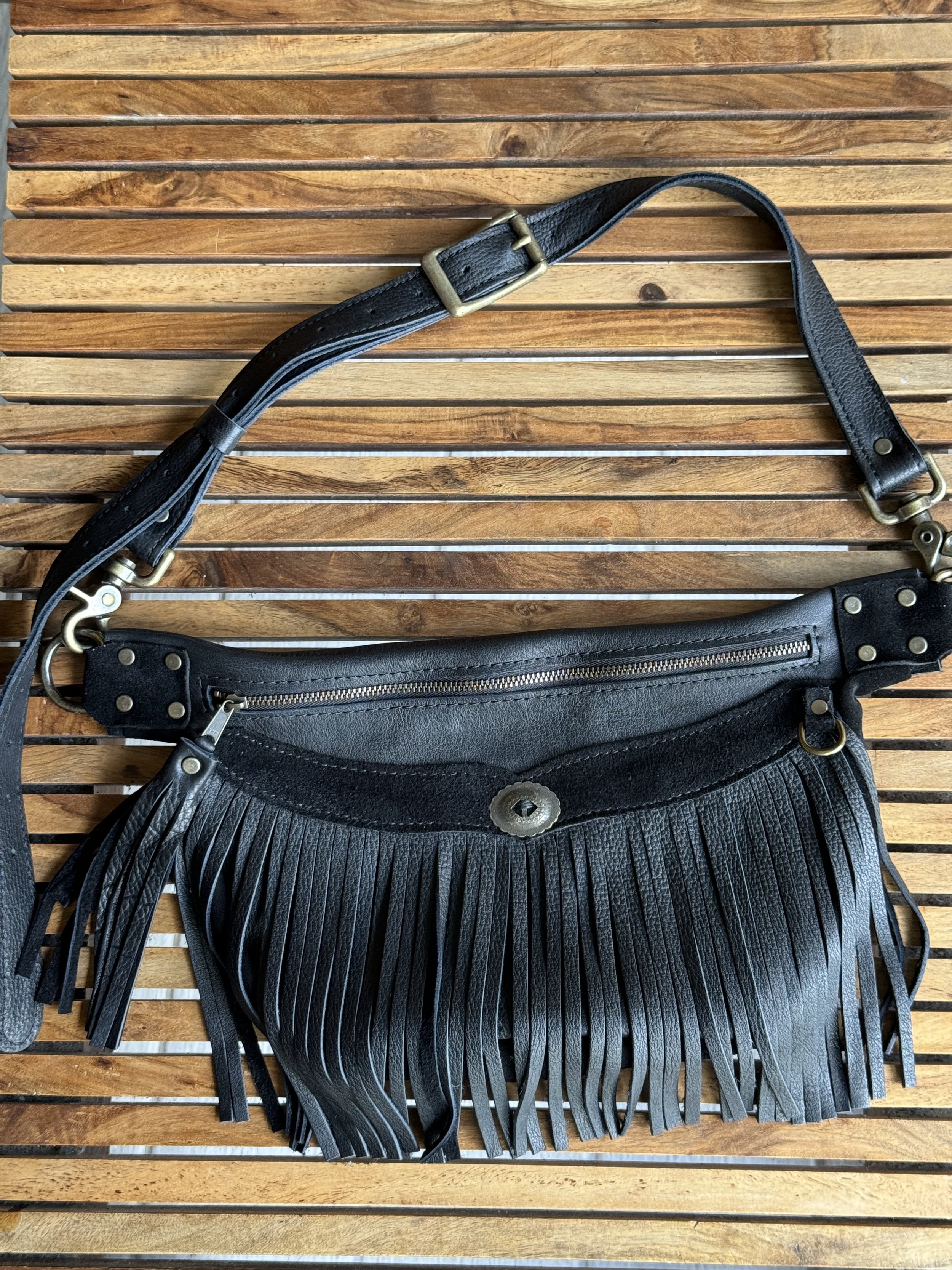 Shelly Sling Bag in Black Bison &amp; Suede, Concho, Soft Strap, Flair D Ring