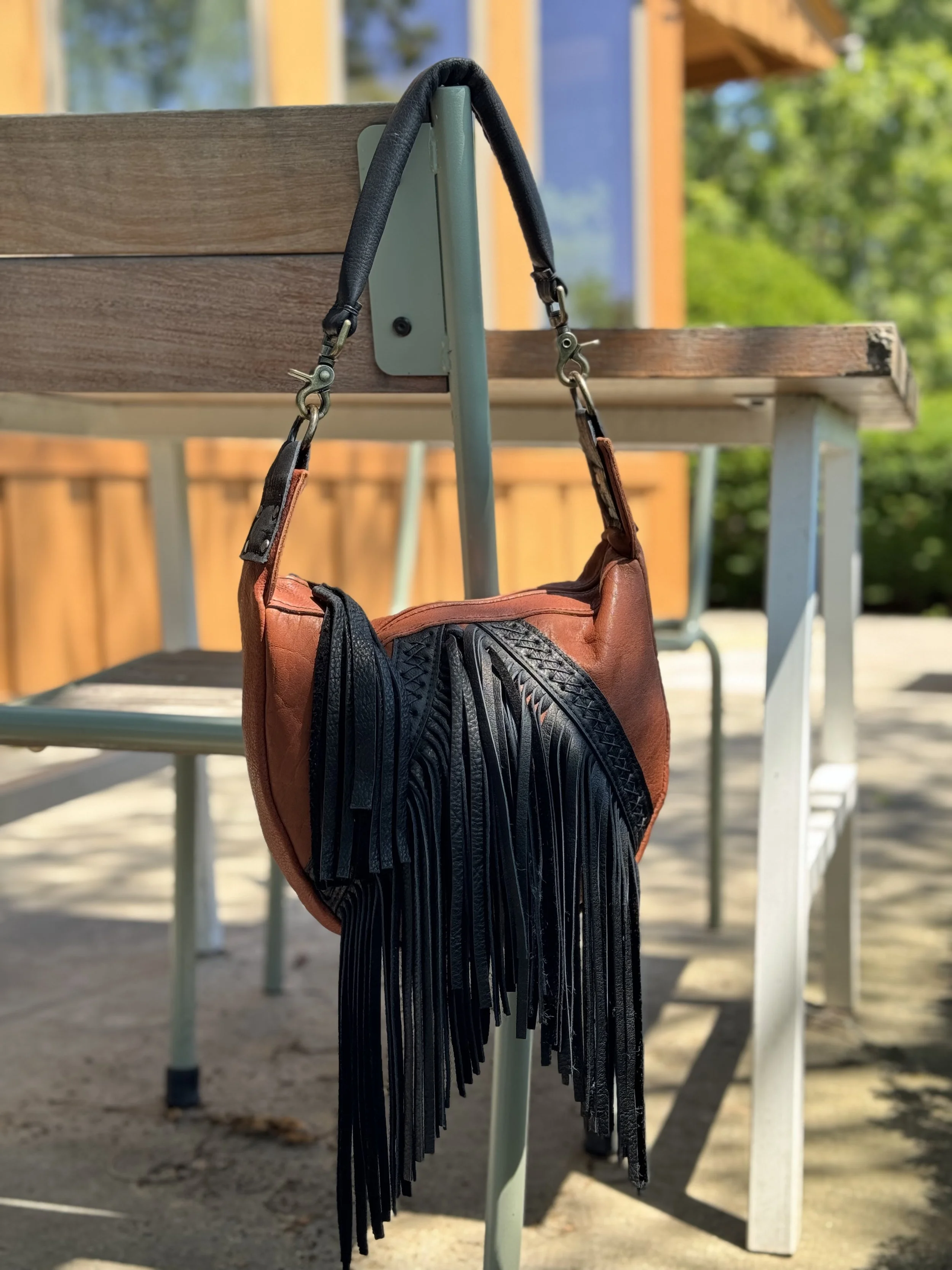Half Moon Crossbody Bag &amp; Puffy Handle in Tobacco &amp; Black Bison, Black Criss Cross Hand Stitching