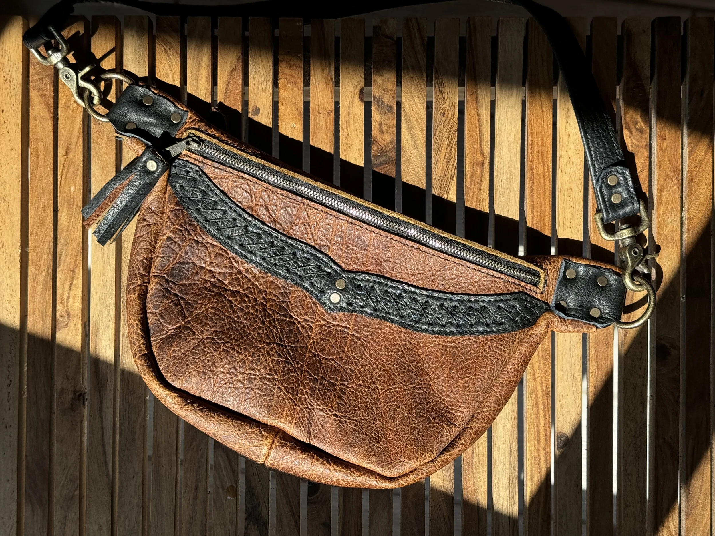 Shelly Sling Bag in Whiskey &amp; Black Bison, Black Criss Cross Hand Stitching