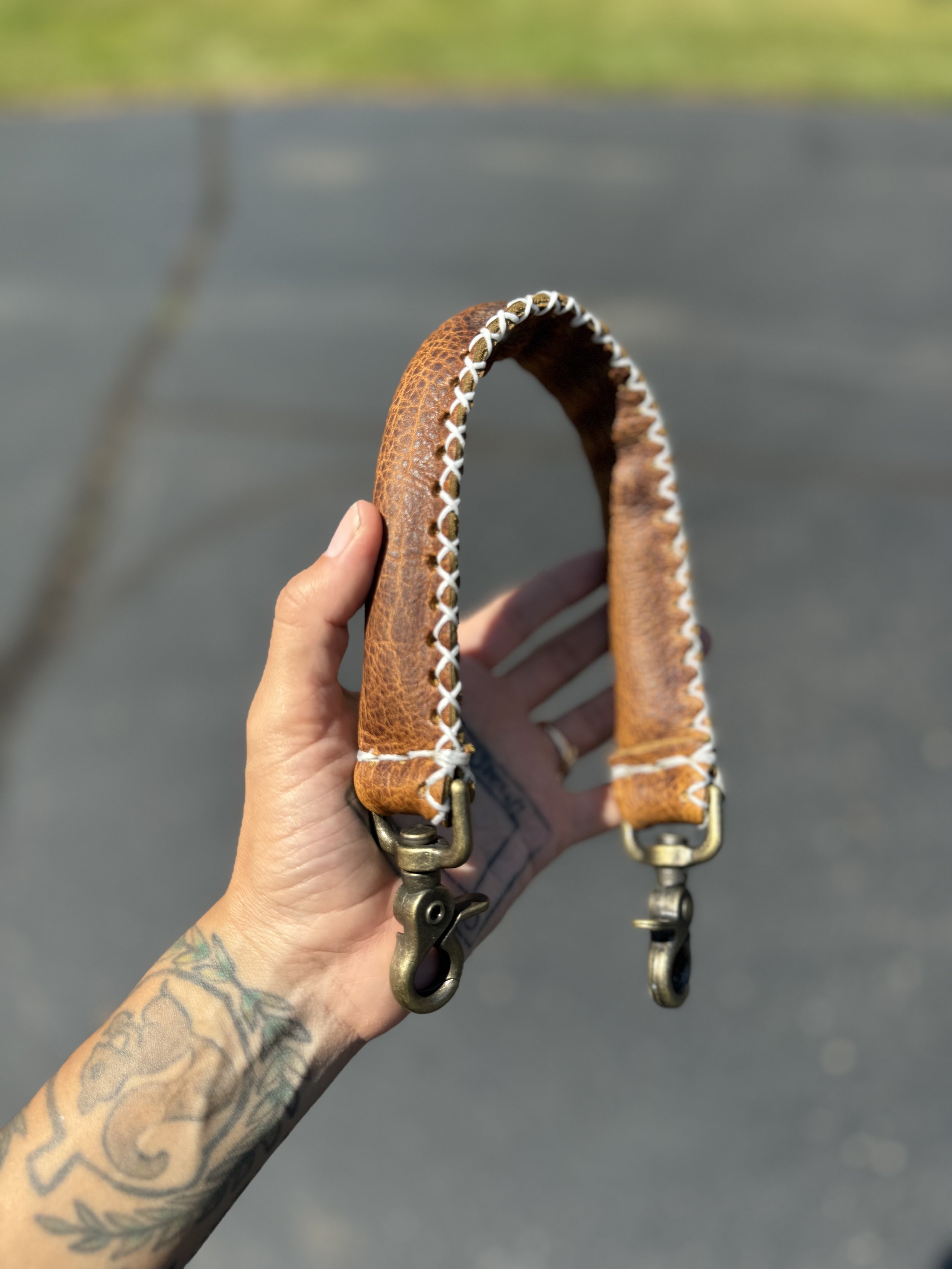 Clip On Puffy Handle in Whiskey Bison &amp; White Criss Cross Hand Stitching