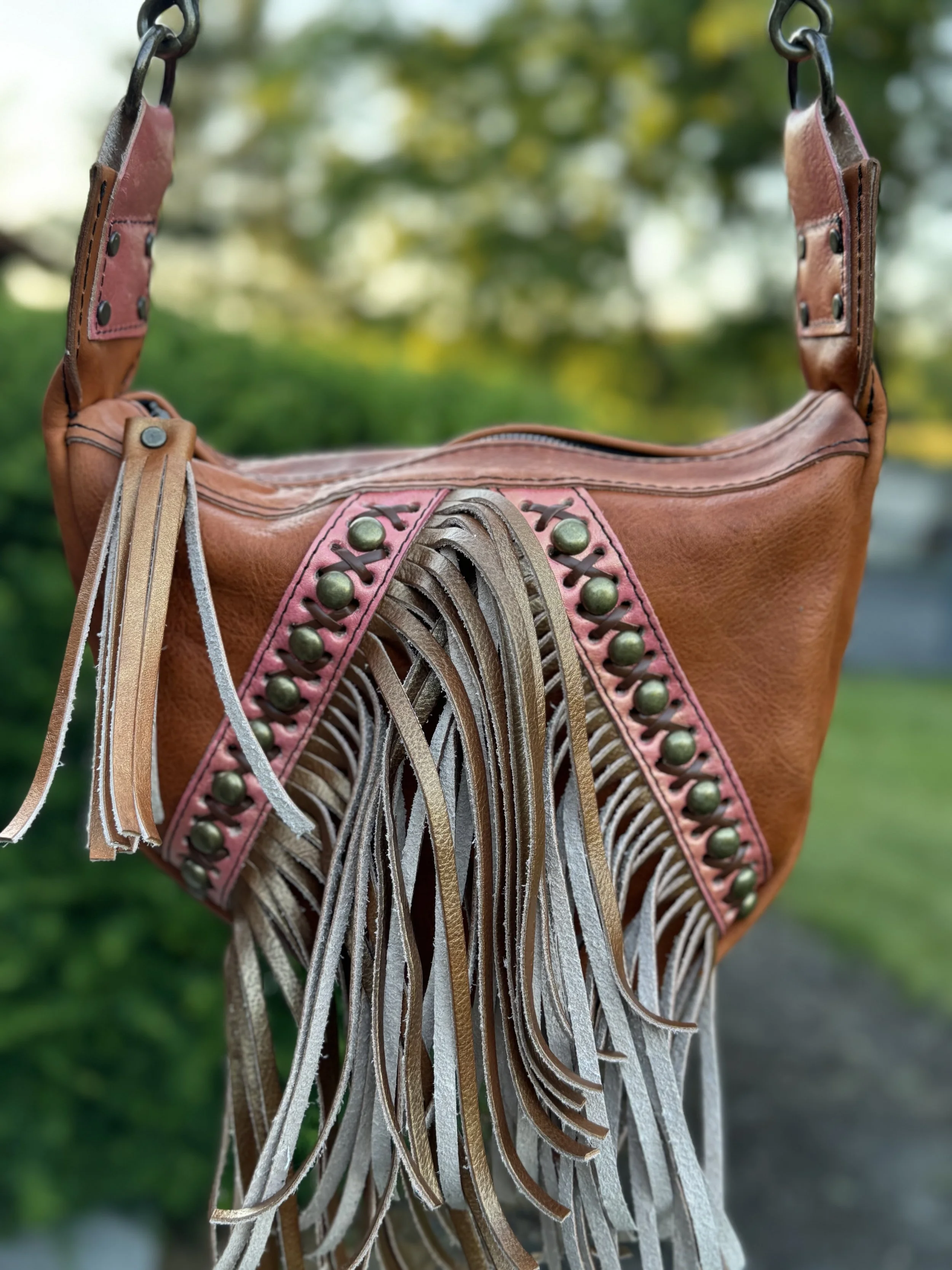 Half Moon Crossbody Bag in Hand Dyed Canyon, Cheeky Gold, Tan Lace X Stitch, &amp; Studs