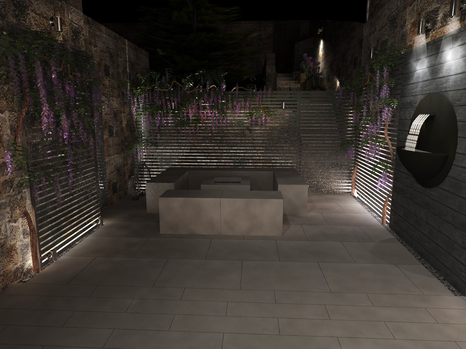 3d Visualisation of a small courtyard at night