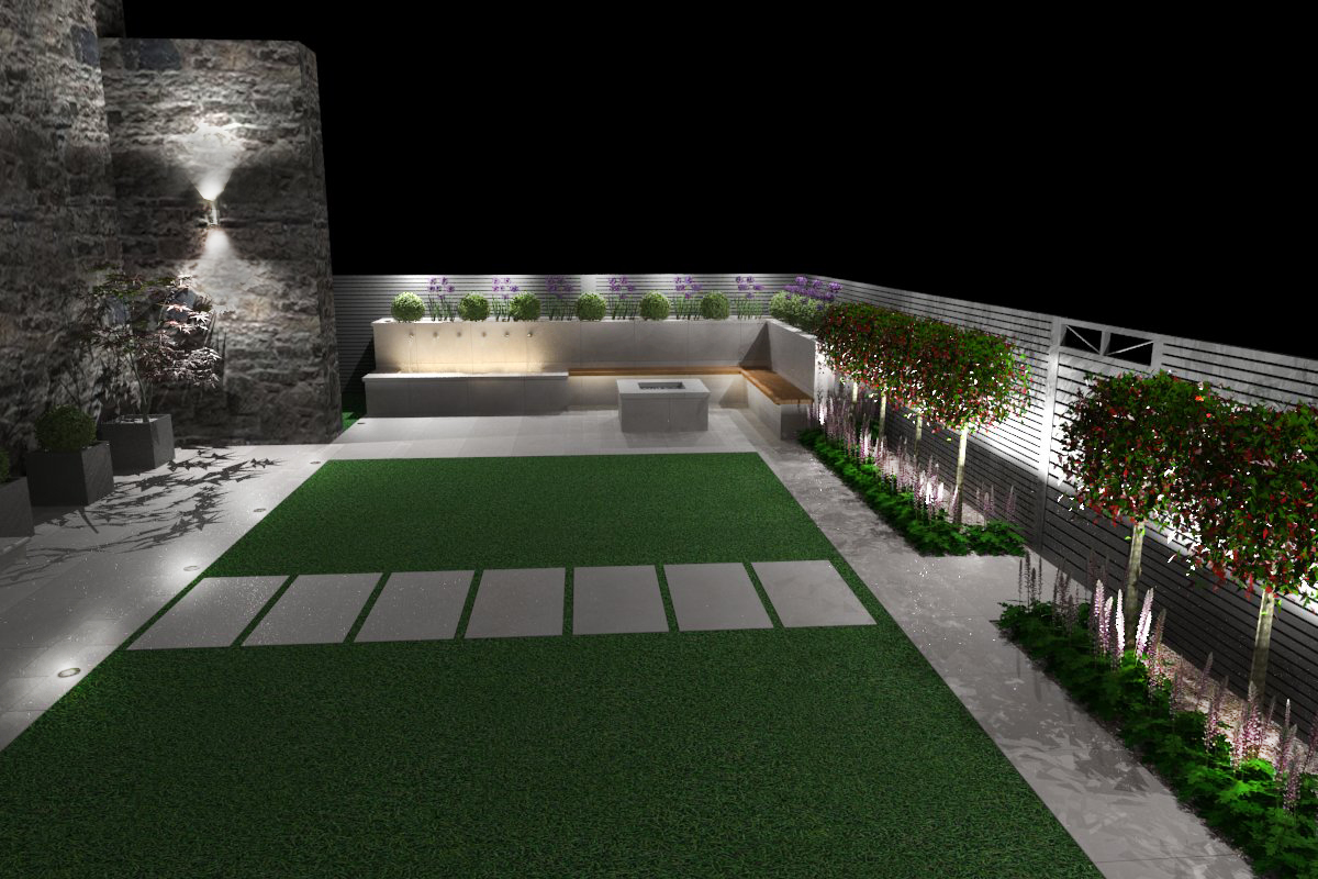 3d Visualisation showing garden lighting at night