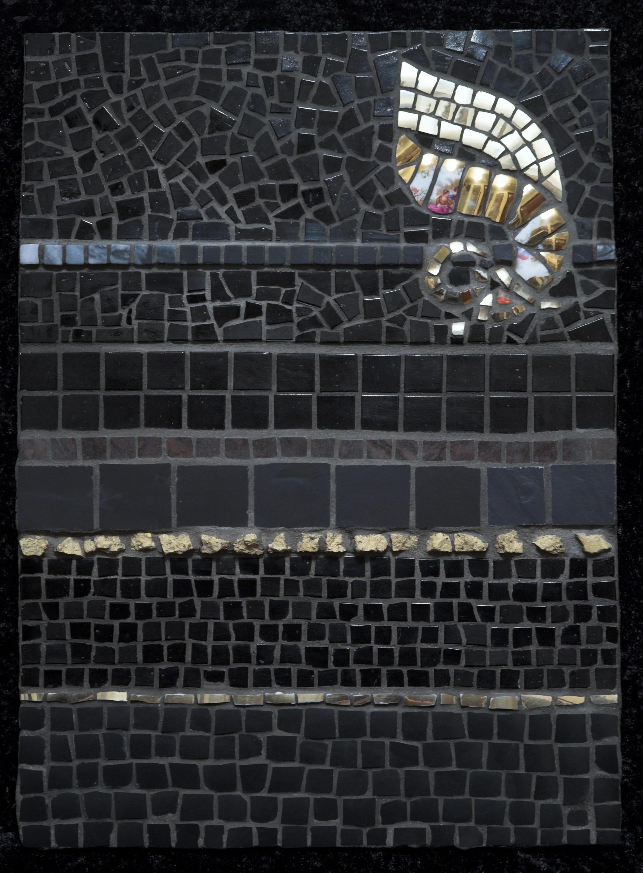 "Al Hubb" (Arabic "Love") The road to finding love is often rocky and filled with obstacles large and small but once found it shines golden. Materials are recycled china, ceramic, vitreous glass, granite, marble, 24ct. gold leaf smalti on board.
