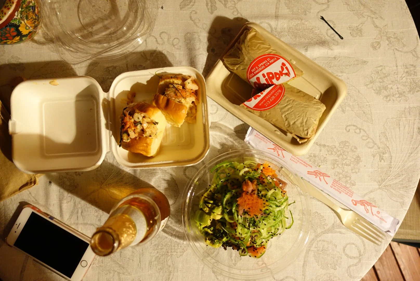 We did UberEats and ordered in poke and sushi burritos (essentially big sushi rolls) from OkiPoki.
