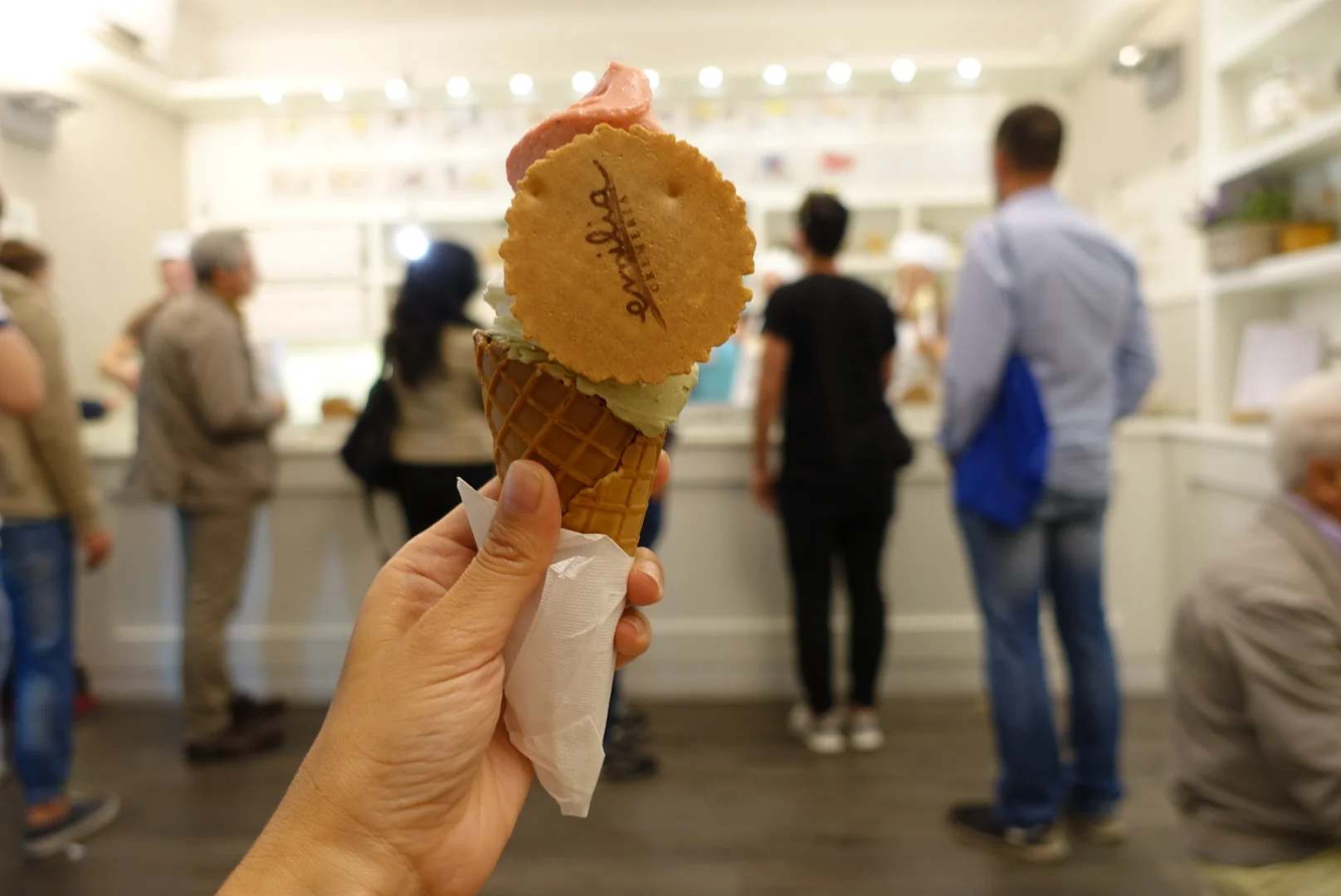 Okay, so the plan was to get one gelato cone to share between us. Drunkeness and lost in translation-ness, meant we unintentionally ordered two large ice creams with three to four flavours. Things could have been worse. I got pistachio (it's my base…