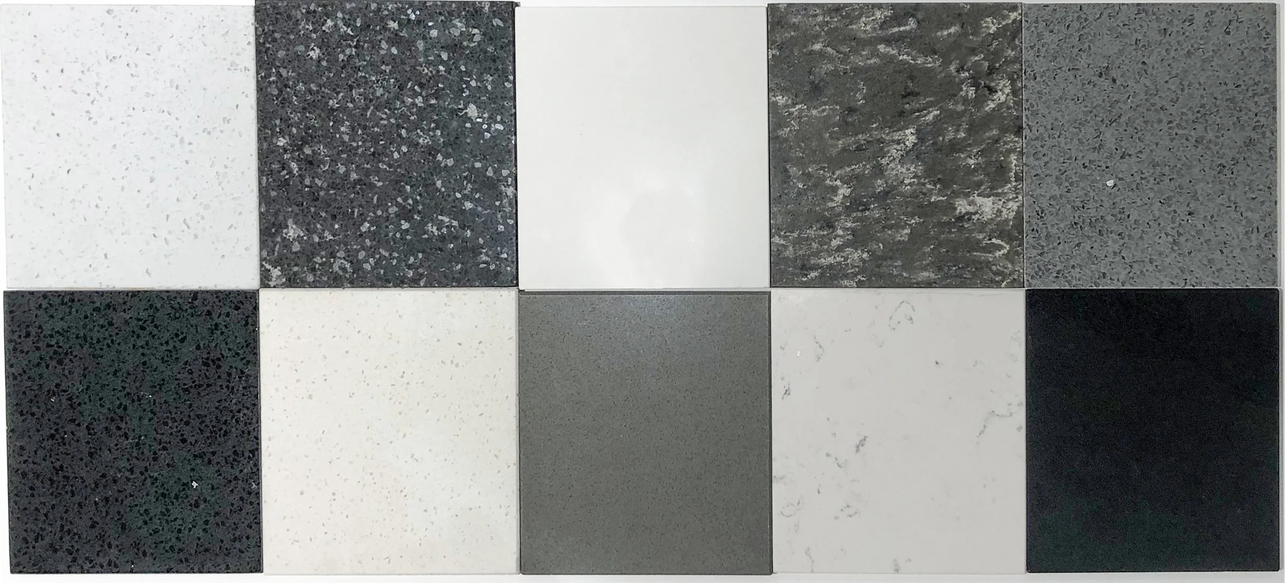 Top from left to right: Diamond White Sparkle, Black Mirror Sparkle, Pale White, Tundra, Pewter Grey Bottom from left to right: Black Onyx Sparkle, White Jasmine, Warm Grey, Alba, Anthracite