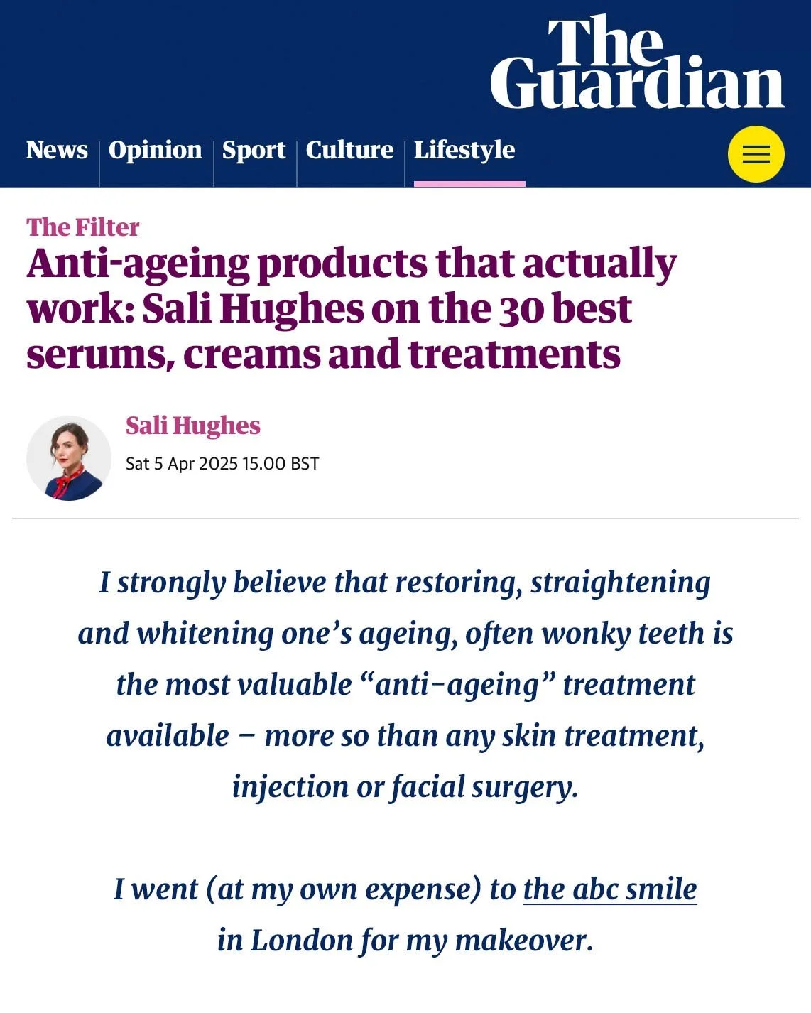 The Guardian Sali Hughes anti-ageing article featuring the a.b.c. smile April 2025