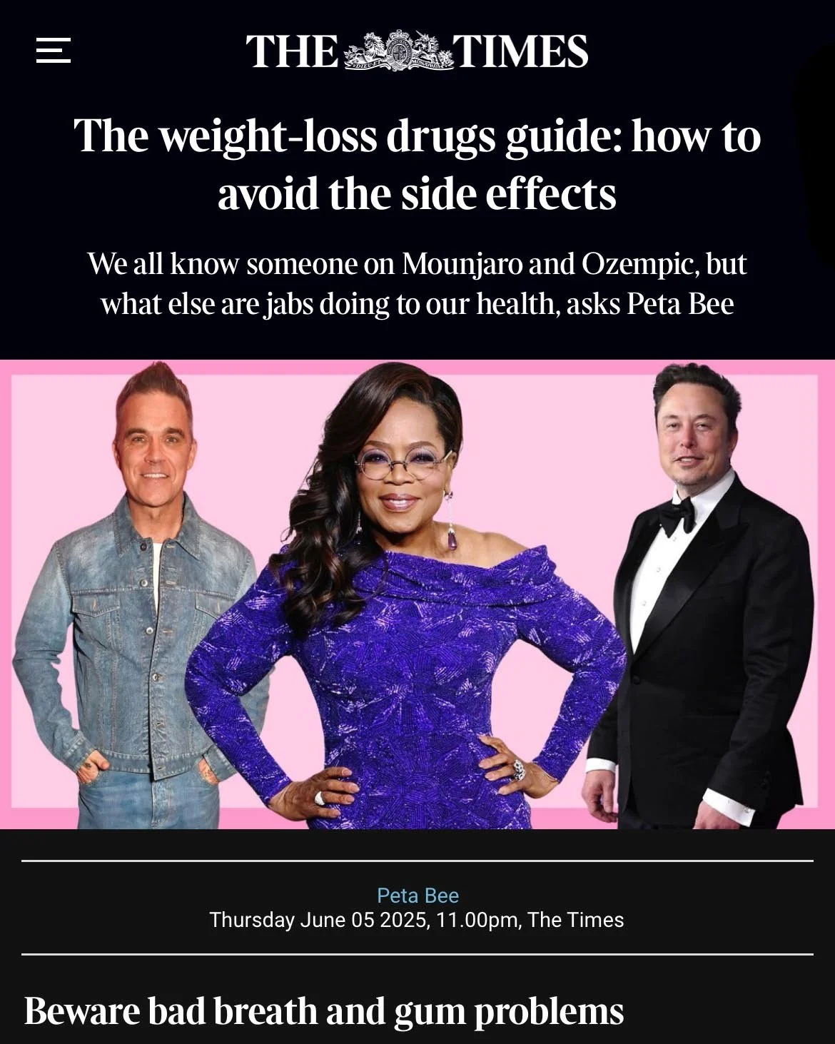 The Times Ozempic Breath article featuring Dr Edward Li cosmetic dentist London