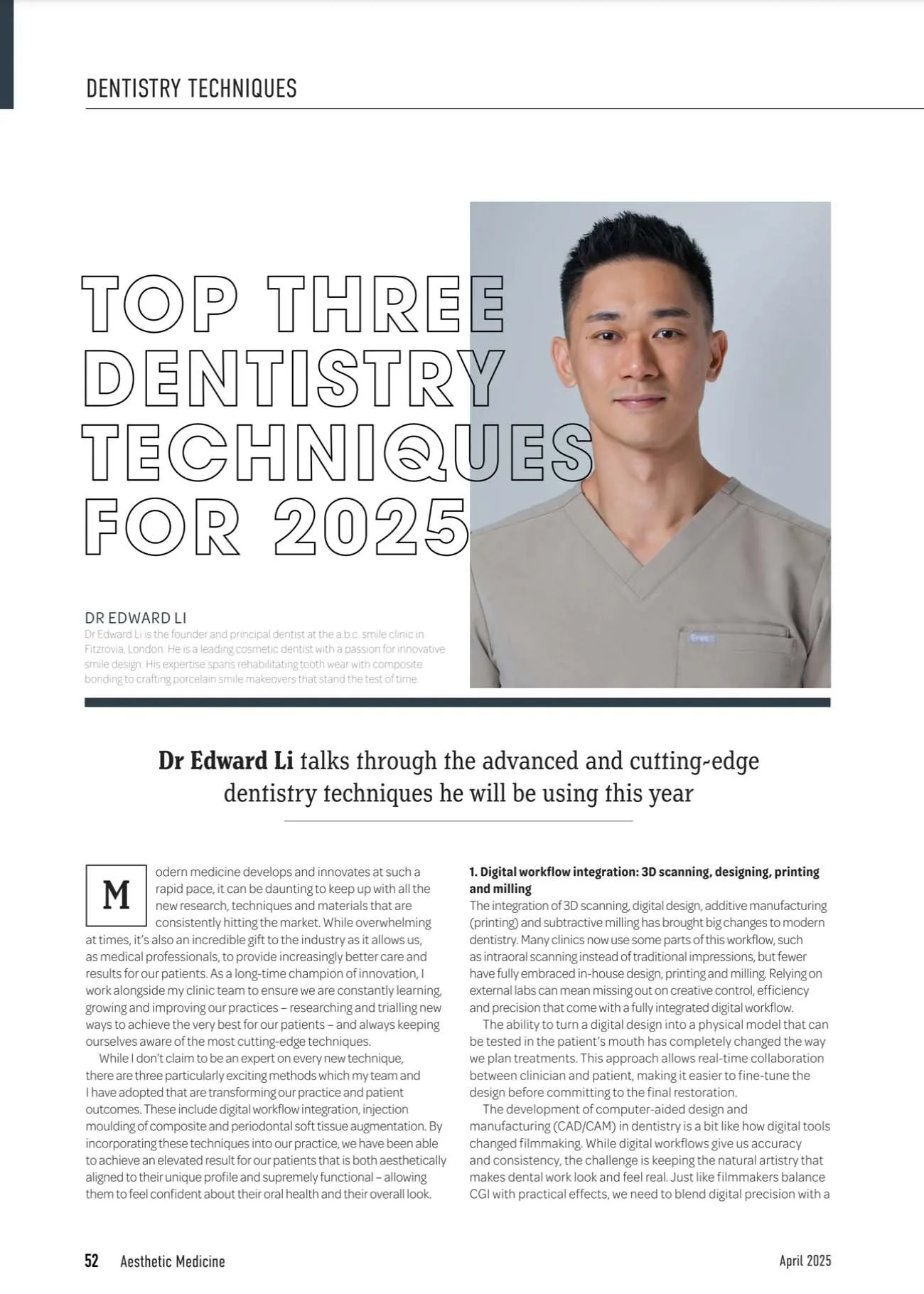 Aesthetic Medicine magazine feature on cosmetic dentistry by Dr Edward Li April 2025