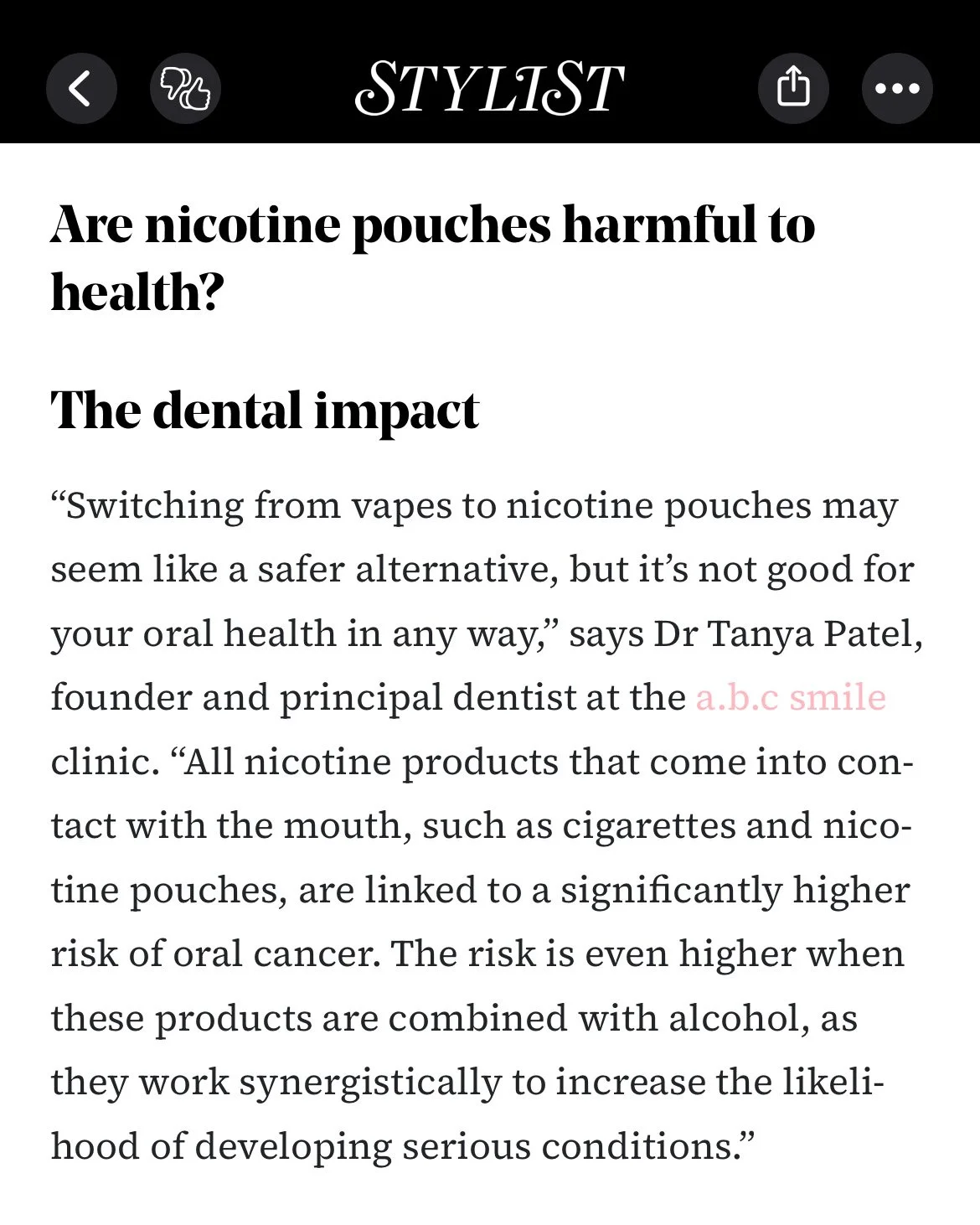 Stylist nicotine pouches health effects article featuring Dr Tanya Patel