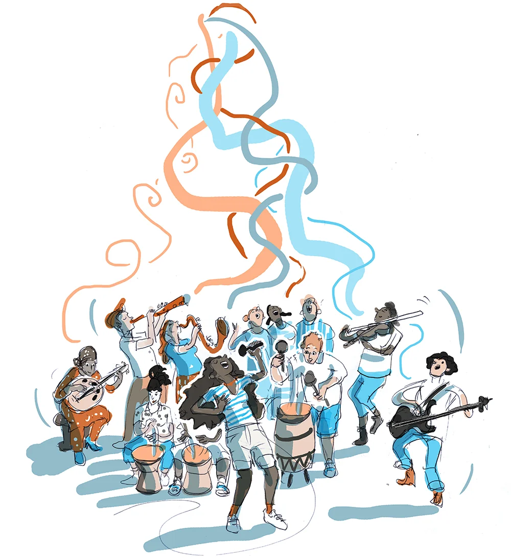 Plakatillustration zu OMOPO, One Mankind One Planet Orchestra, München, 2015