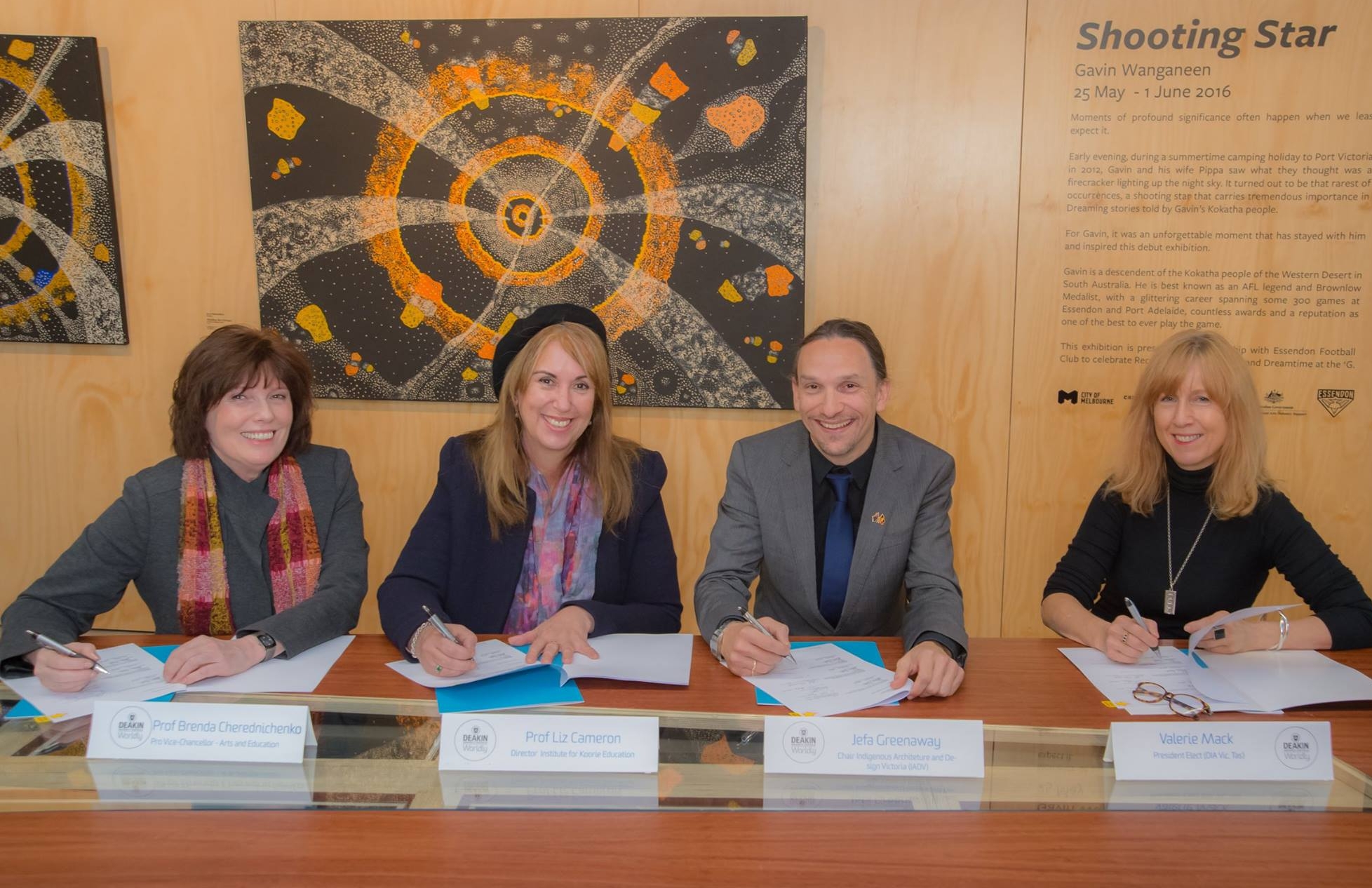 Indigenous Design MOU Signatories: Prof. Brenda Cherednichenko, Faculty of Arts and Education, Deakin University; Prof. Liz Cameron, Institute of Koorie Education, Deakin University; Jefa Greenaway, Indigenous Architecture and Design Victoria; Valerie Mack, Design Institute of Australia