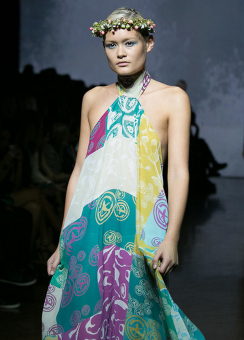 A model wears a quilted maxi dress from Pandanah’s 2015 Gumnut collection launched at Australian Indigenous Fashion Week. Photo by Prue Aja