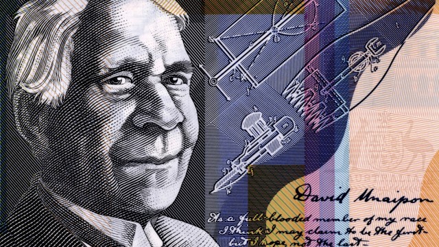 A section of Australian $50 note featuring David Unaipon and his sheep shearing designs.