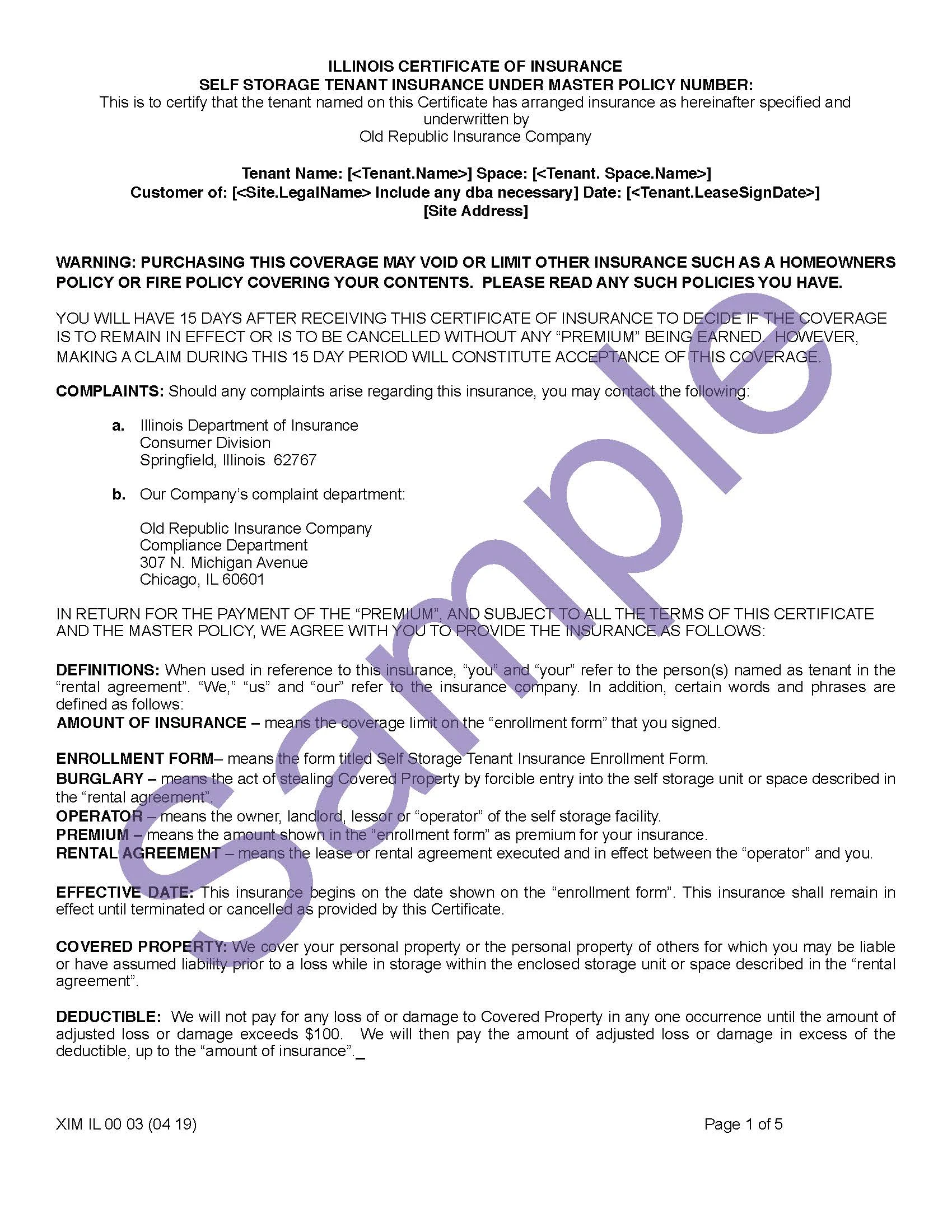 Illinois Coverage Certificates Of Insurance Xercor