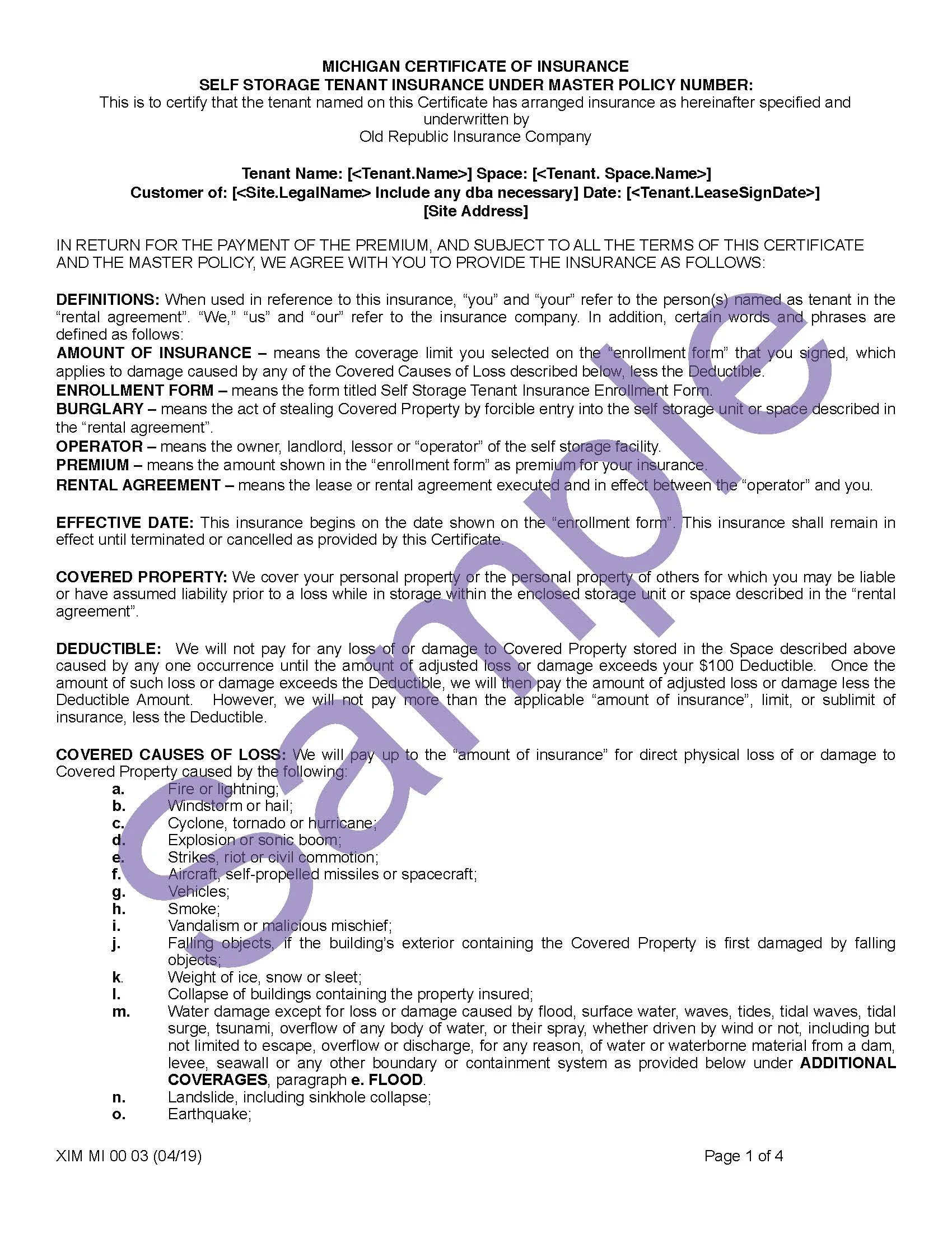 Michigan — Coverage Certificates of Insurance — Xercor