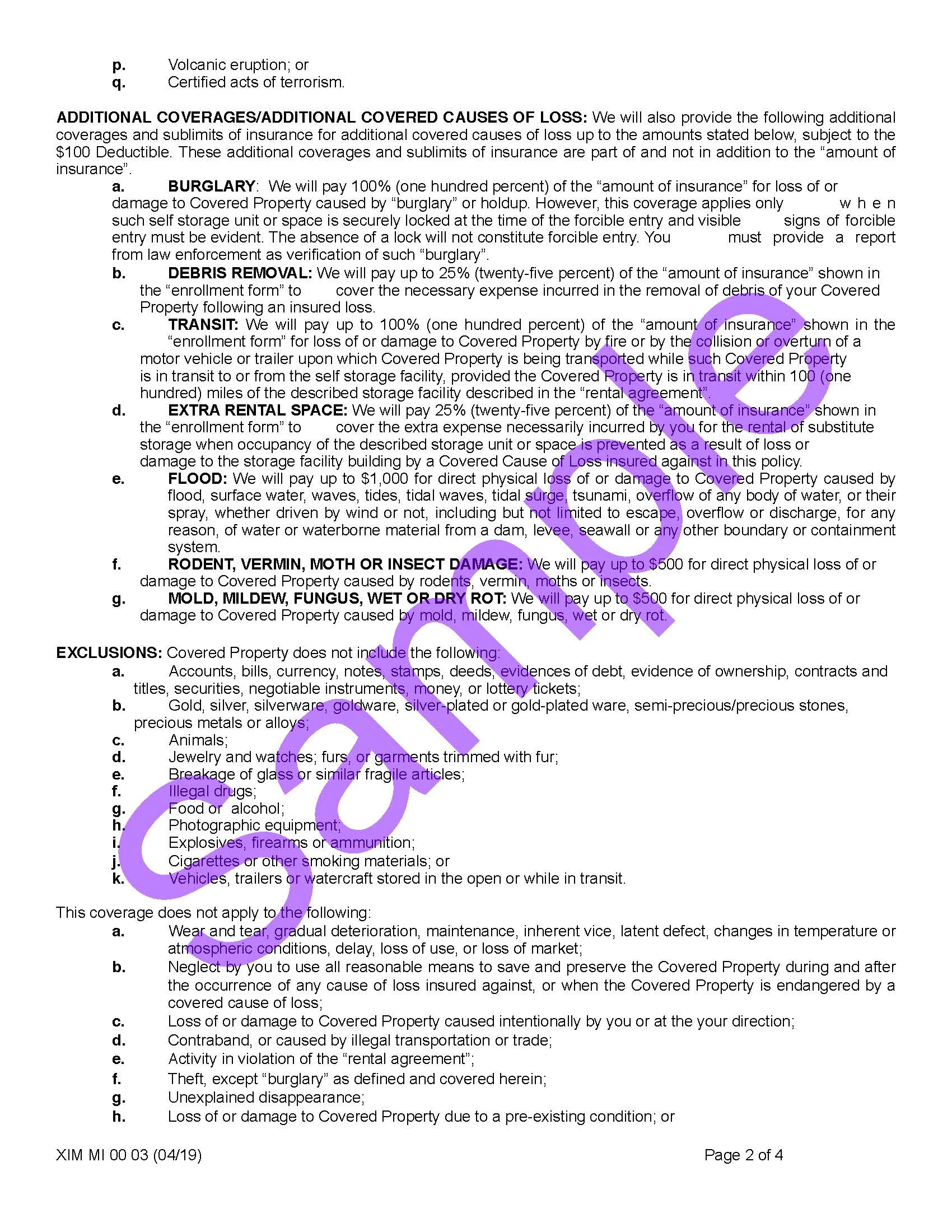 Michigan — Coverage Certificates of Insurance — Xercor