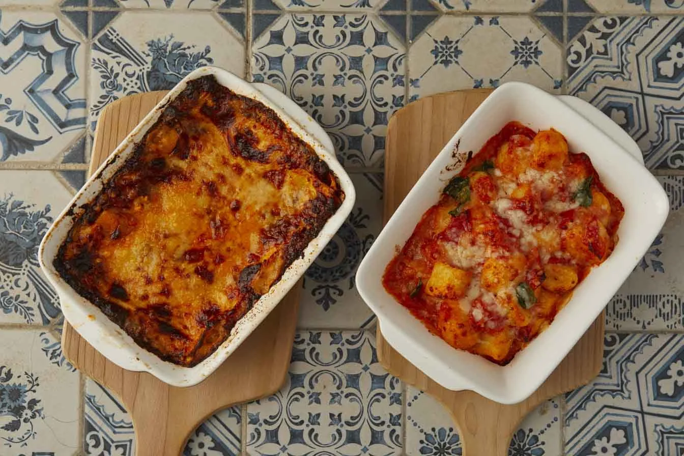Classic lasagna (left) & oven-baked gnocchi gratin (right).