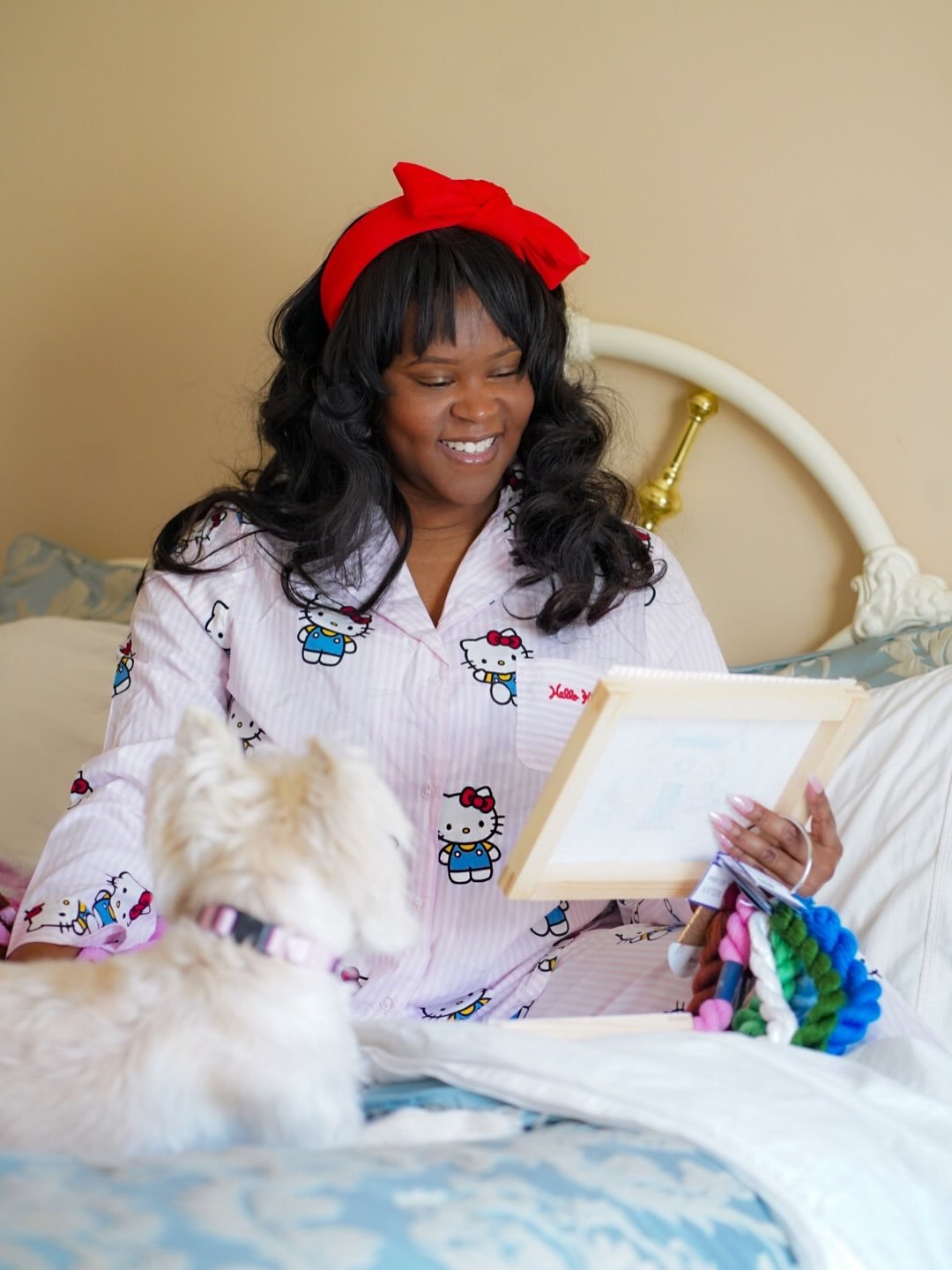 Winter/snowy weather = permission to live in bed all day in absurdly cute pajamas. I used to doom scroll, but now I doom stitch. Just started my dream project: the @lepointstudio Christmas Village, and I fully plan to sit in bed and needlepoint like 