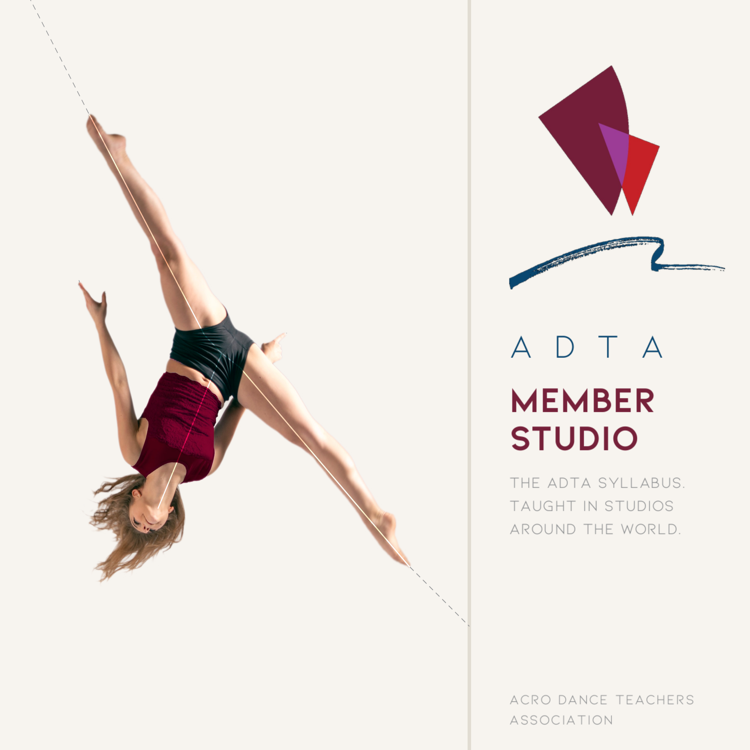 Acro Dance Teachers Association Member Studio - the ADTA Syllabus Taught in Studios Around the World. Picture features a dancer performing a side aerial with precision lines