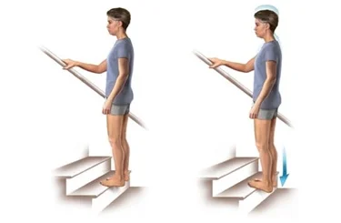 Eccentric Heel Drop Why : Strengthens the calves, ankle muscles and achilles to create stability when landing. How : Stand with one leg on a step with your heel off of the edge. Lift up onto your toes, then slowly lower down until your heel is below the step. Start with 1 set of 10, build up to 3 sets of 15.