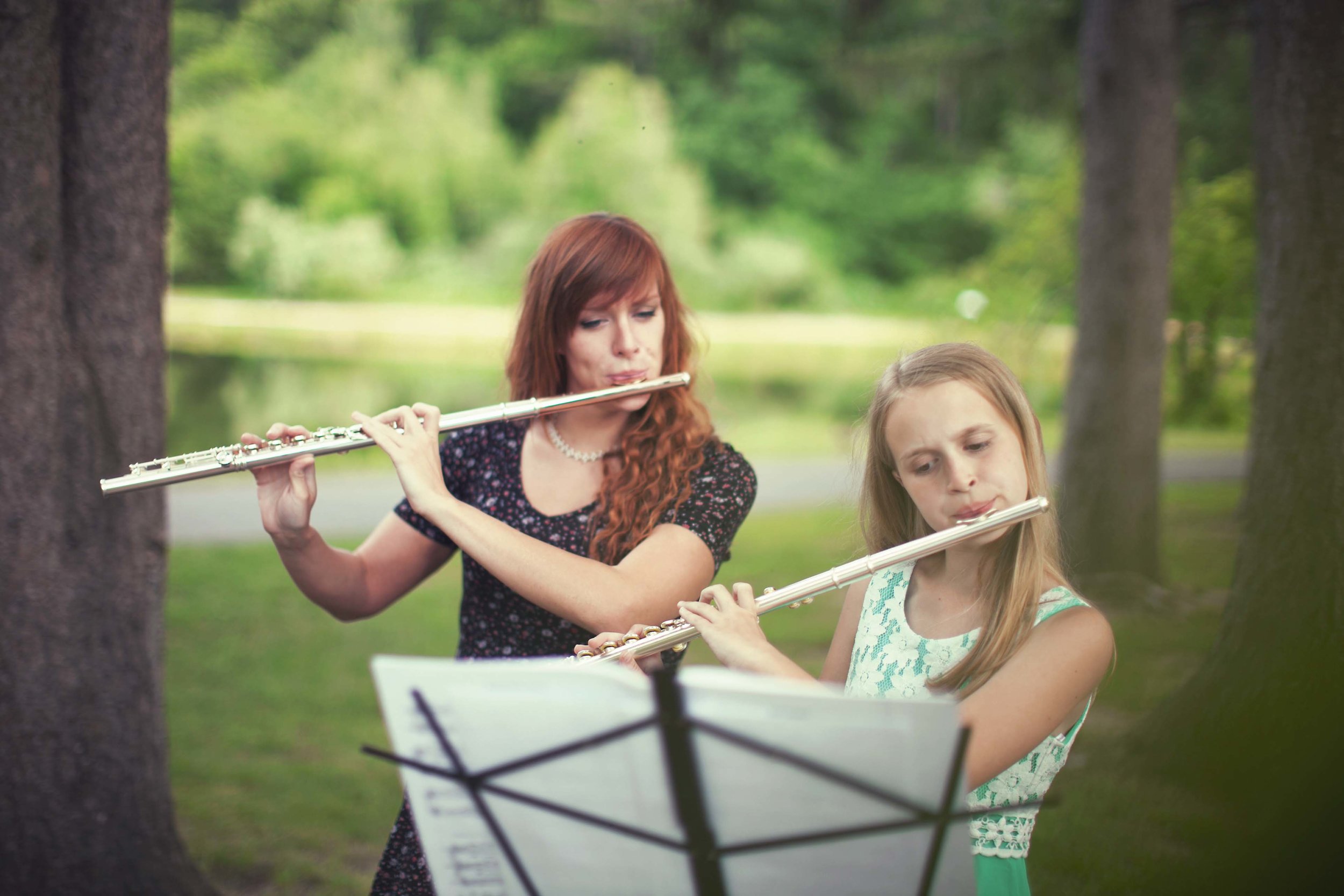 Flute instructor Amanda Basmaji teaching a young student during a private flute lesson at AB Music School in Merrimack, NH