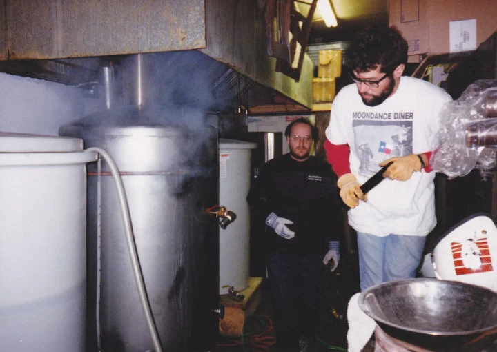 Eric Roach and Daron White brewing an early batch on the new system, circa 1997
