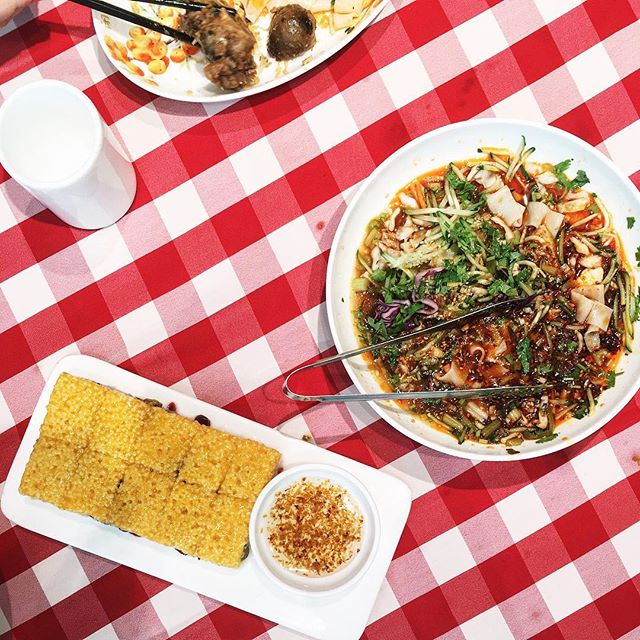 Lunch. China's northwest totally winning with &quot;cold noodles&quot; and &quot;cold cake&quot; - liangpi (凉皮) to the right and lianggao (凉糕) to the left. The Shanghai touch of osmanthus sauce for the cake was 👌🏼.