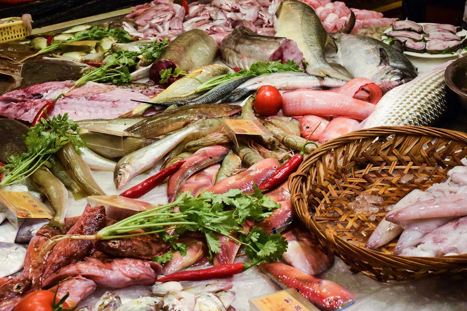 Fresh seafood on display at Swatow restaurant. Diners order their meals by selecting raw items and specifying cooking method