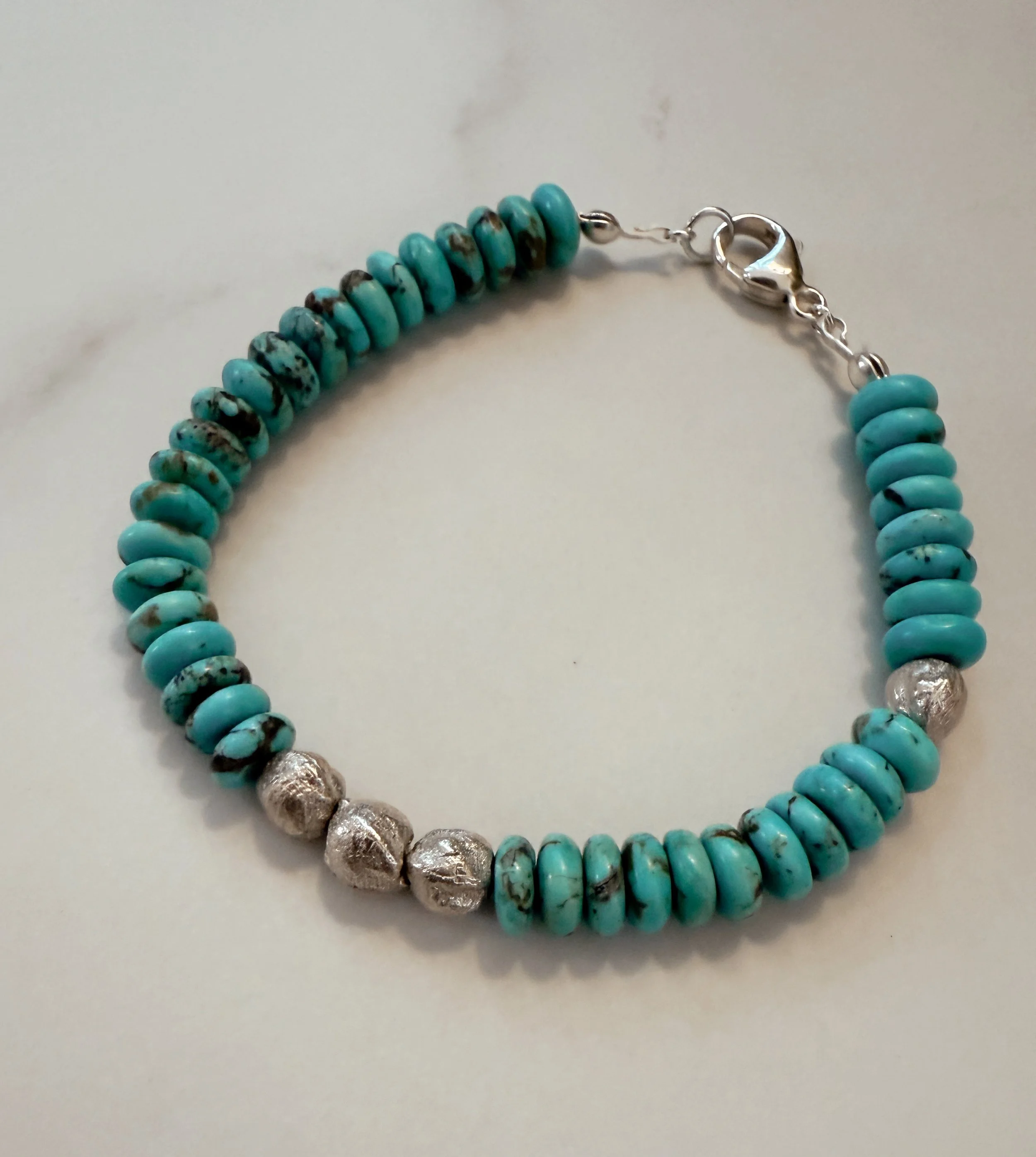 Silver Cedar Bead bracelet with Kingman Turquoise