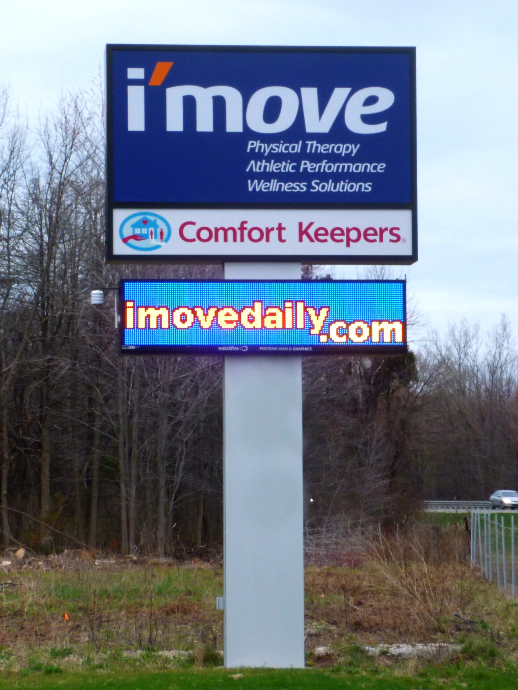  Pylon sign with flexible fabric faces and vinyl graphics and a Watchfire 19mm display. 