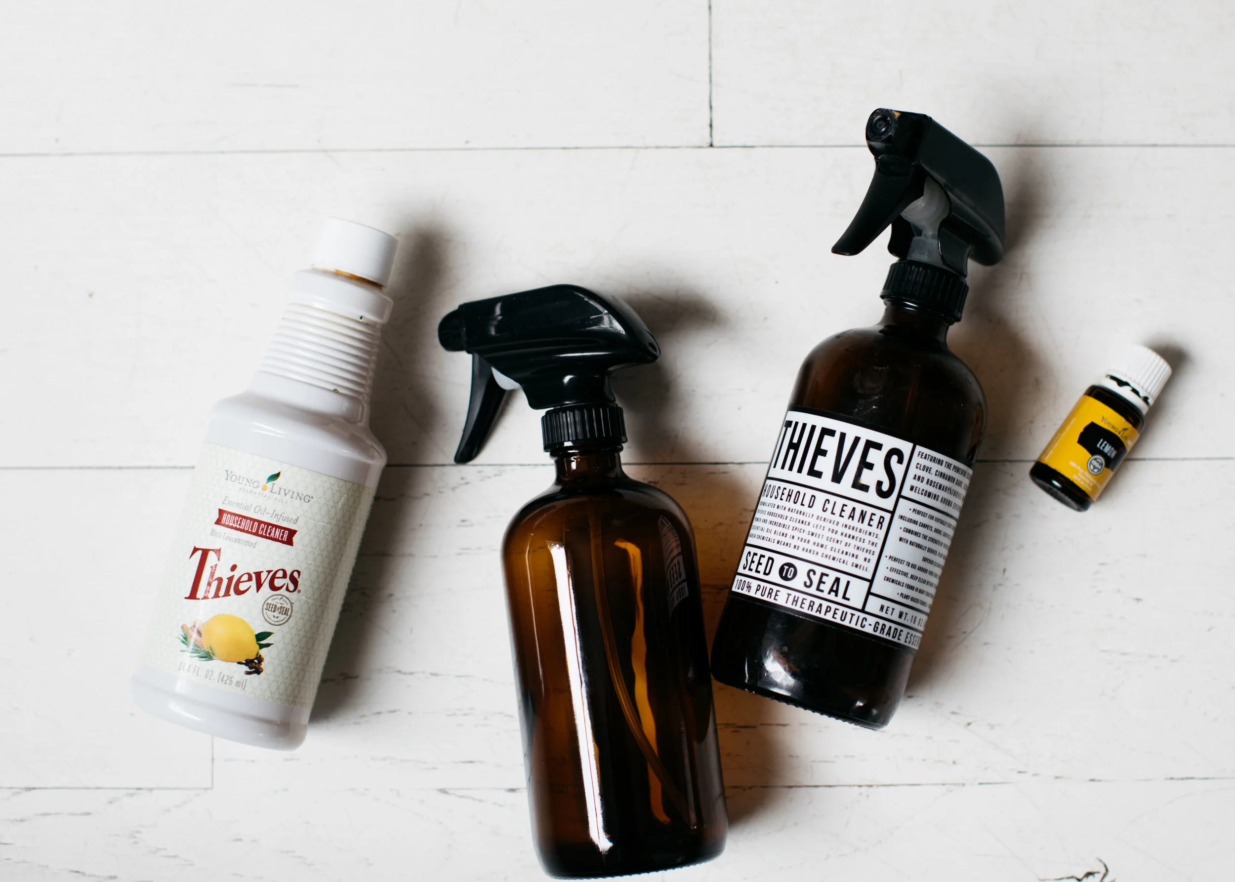 All purpose cleaner recipe: Blend 1 cap of Thieves concentrate cleaner to one 16oz glass spray bottle. Use throughout home. Add lemon for extra cleaning strength. Toxin Free Soft Scrub: Mix 1/2 cup baking soda, 2 caps of thieves concentrate + 8 drops of lemon. Mix well. Shake onto surface and scrub. Let sit for ten minutes. Rinse. Stain Spray: 1 Capful Thieves Laundry Detergent + 2 Capfuls Concentrate cleaner + 20 drops lemon essential oil, fill with water.