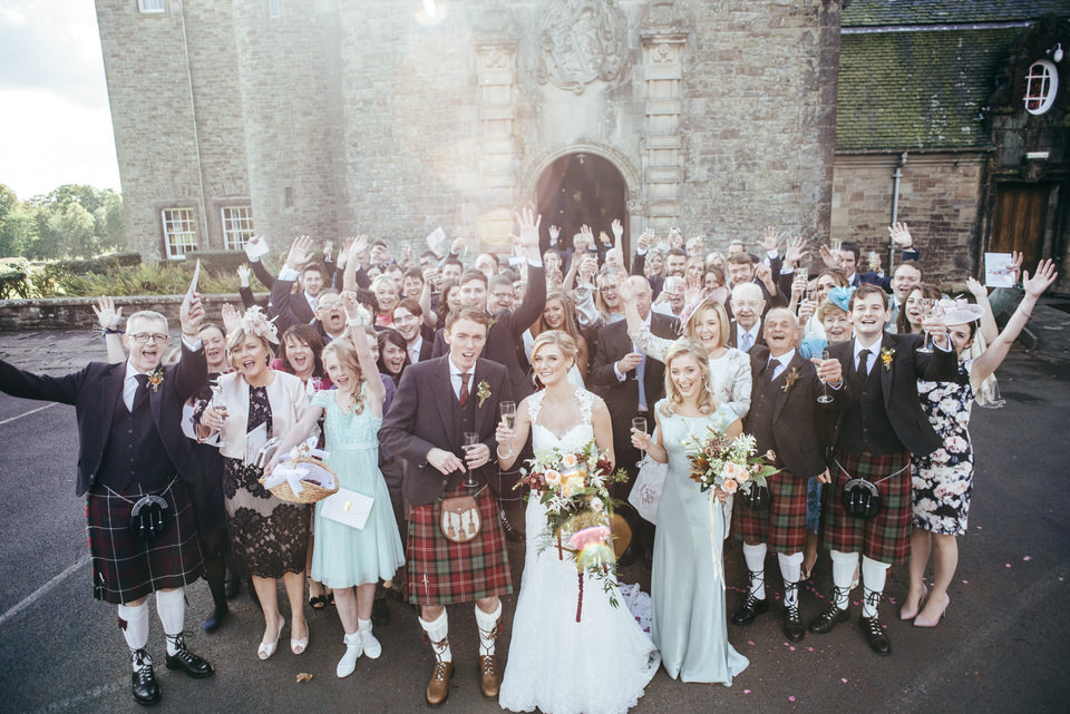 Wedding group shot Rowallan Castle