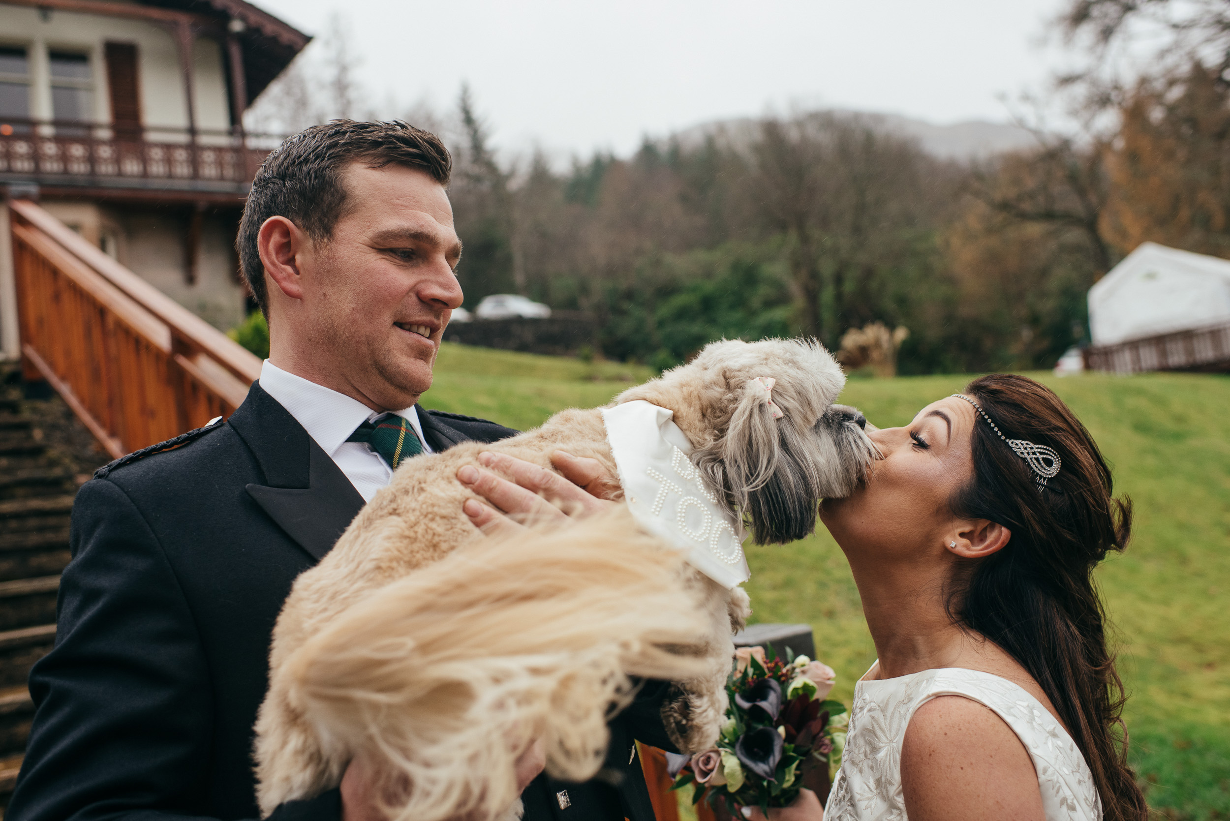 Bride kissing dog