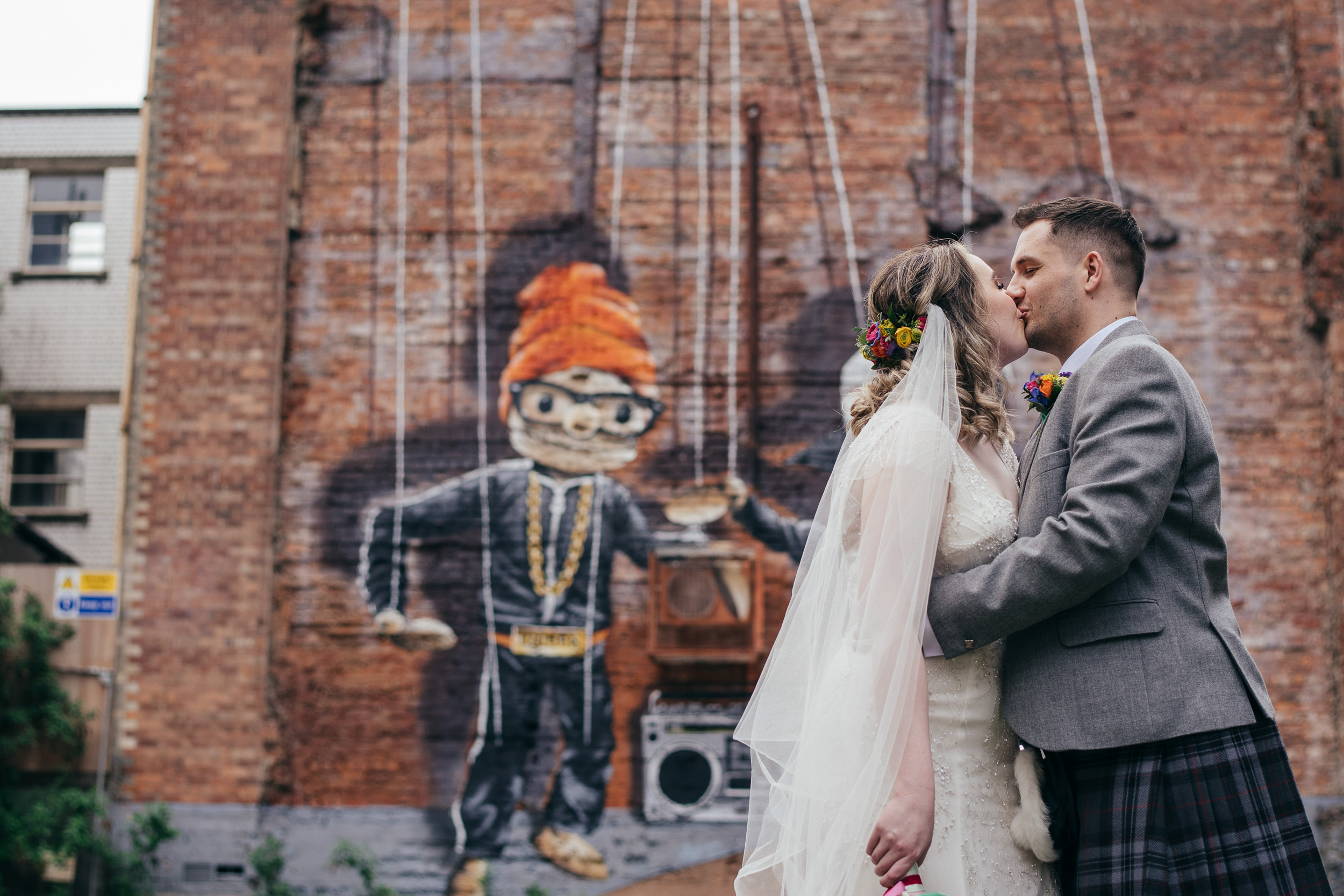 Urban wedding portrait graffiti