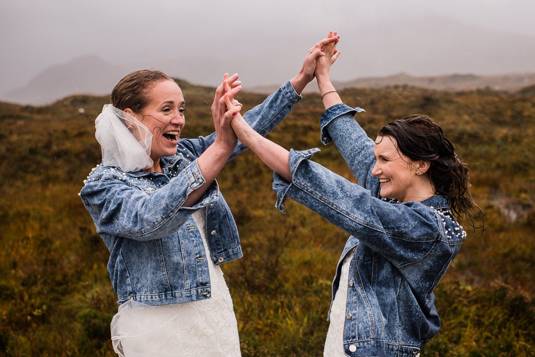 Two brides in denim jackets