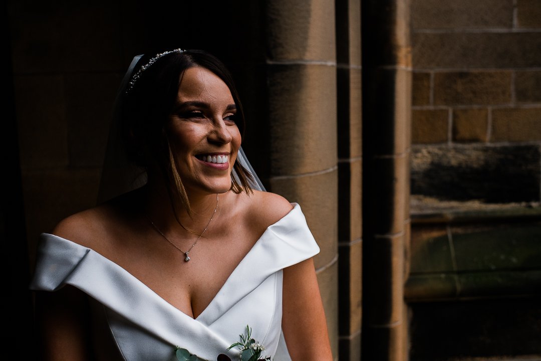 Smiling bridal portrait Glasgow Uni