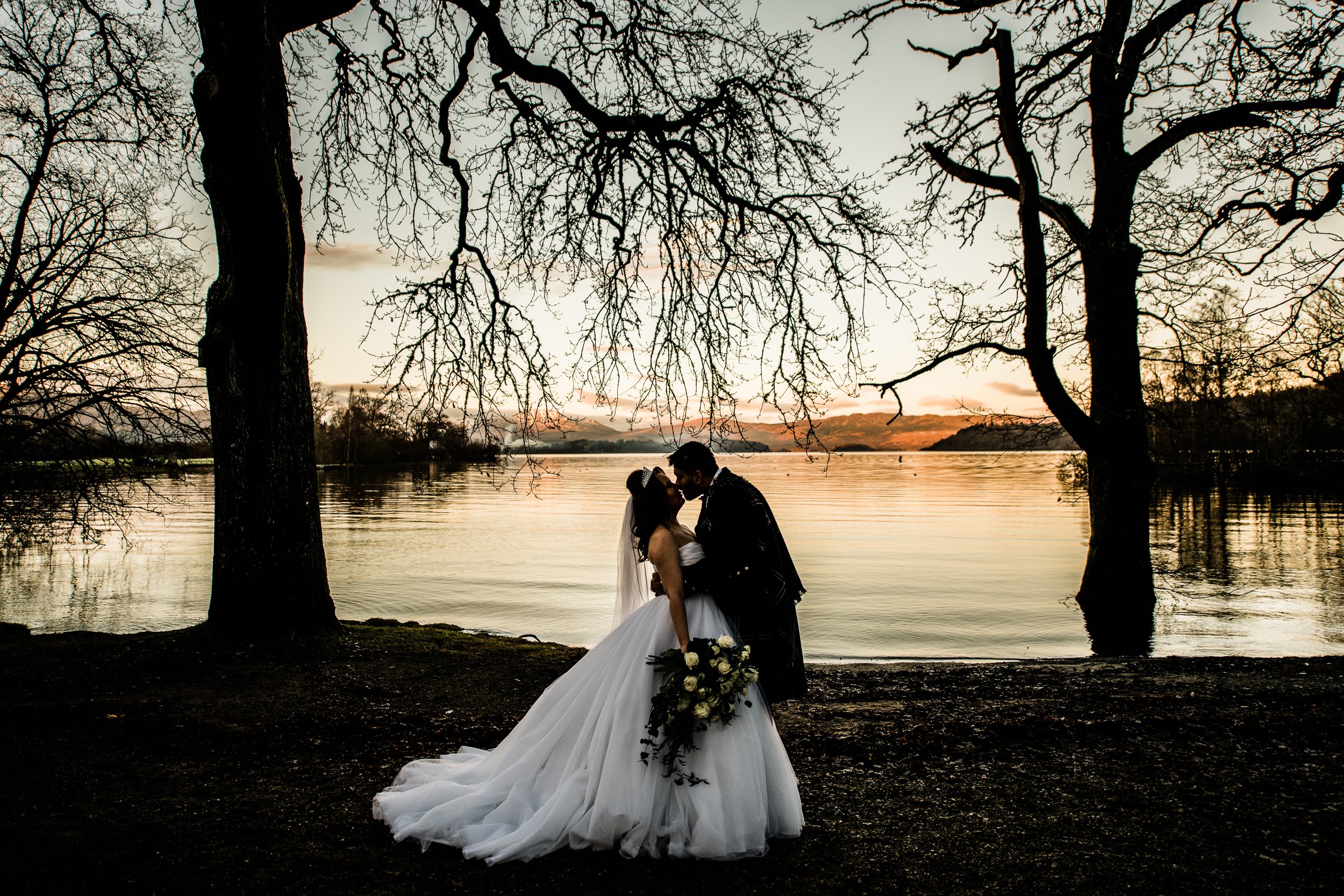 Bride and Groom on shores of Loch Lomond, Cameron House