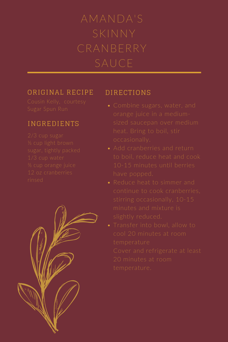 Amanda’s Skinny Cranberry Sauce : Amanda’s cousin Kelly brings this secret weapon every year, and rumor has it that it’s to die for . Did we mention it’s only 95 calories? Extra pie, please.