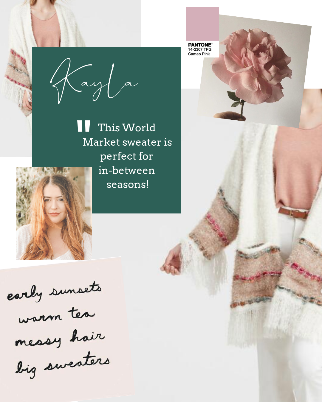 Kayla is toasting Dani with her favorite Butter Chardonnay by JaM Cellars , and is looking *adorbs* in her transitional Phaedra Sweater Wrap from World Market. Add a quick charcuterie board, and we’re right there with her.