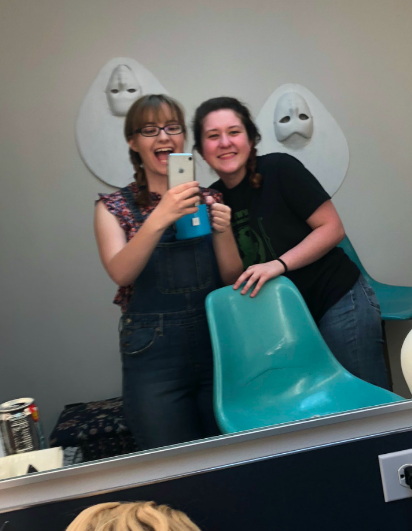 Me and Emily backstage before places were called, ginger tea in hand.