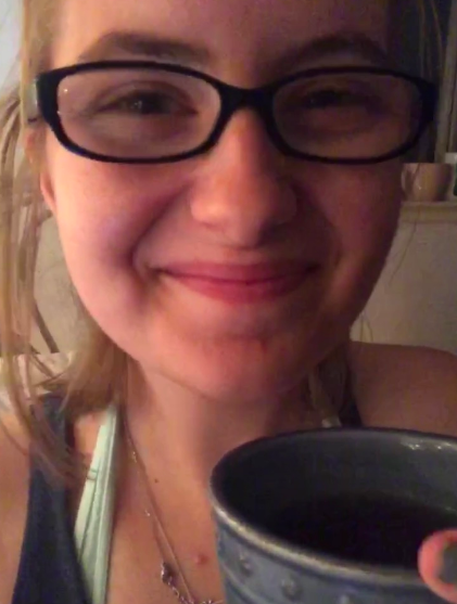 This is a very happy Claira who just got back from her first day of training and made herself some blueberry tea to celebrate.