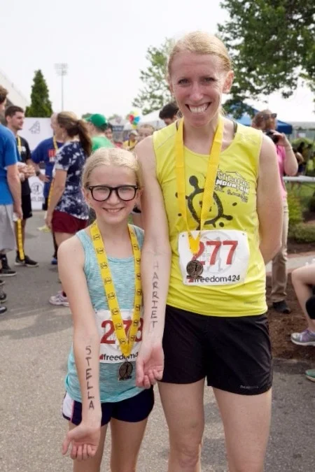 A mom and daughter team race for survivors Harriett & Stella at Run 4 Their Lives Lynchburg in April. 