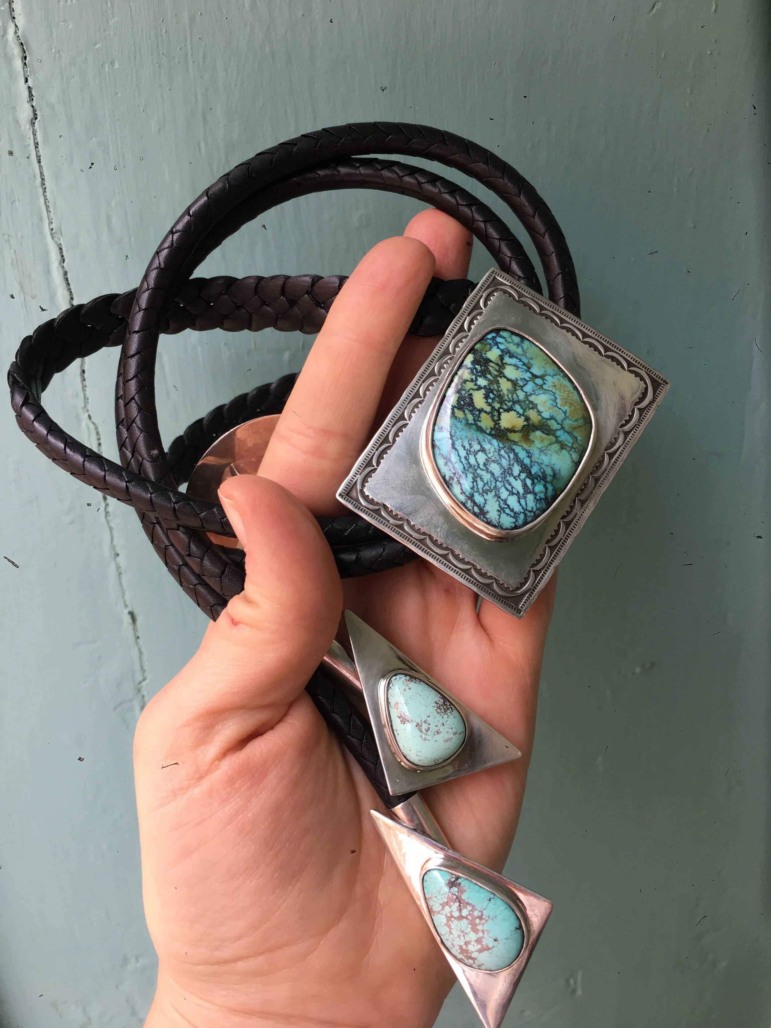 Stamped Silver and Turquoise Bolo Tie