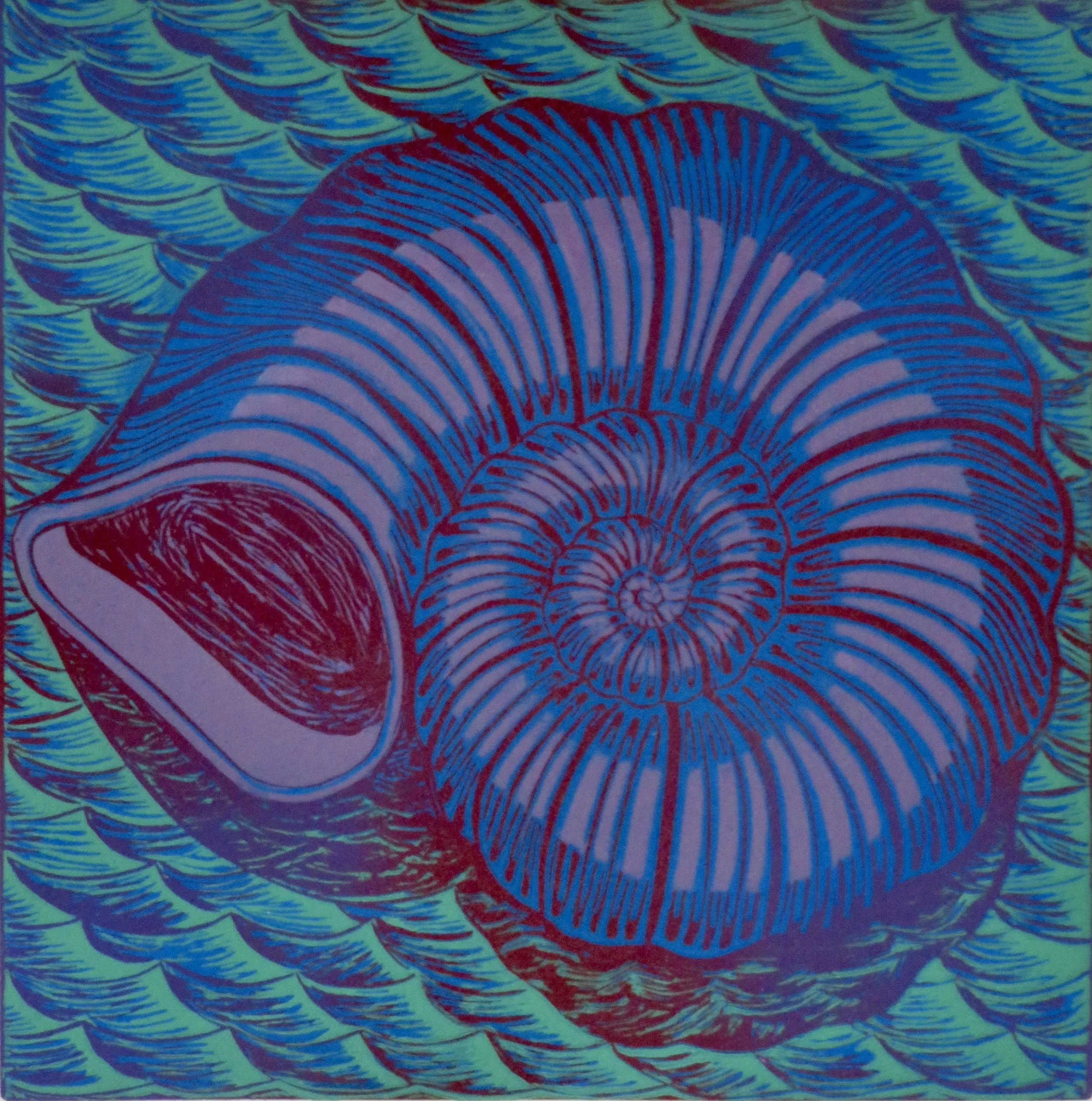 Ammonite Reduction Linoleum Print, 12×12 inches