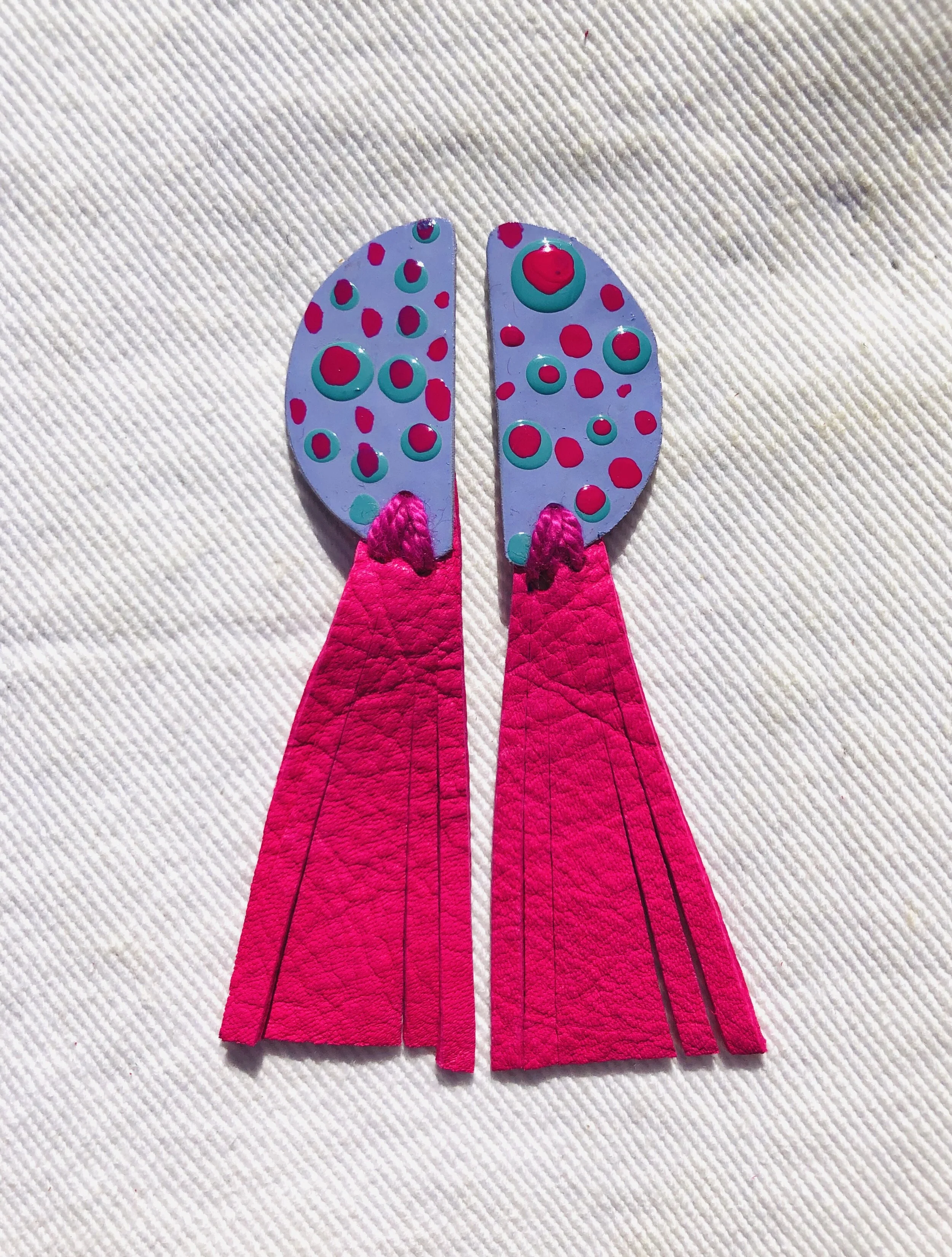 Lilac Polka Dot Copper Fringe Earrings 