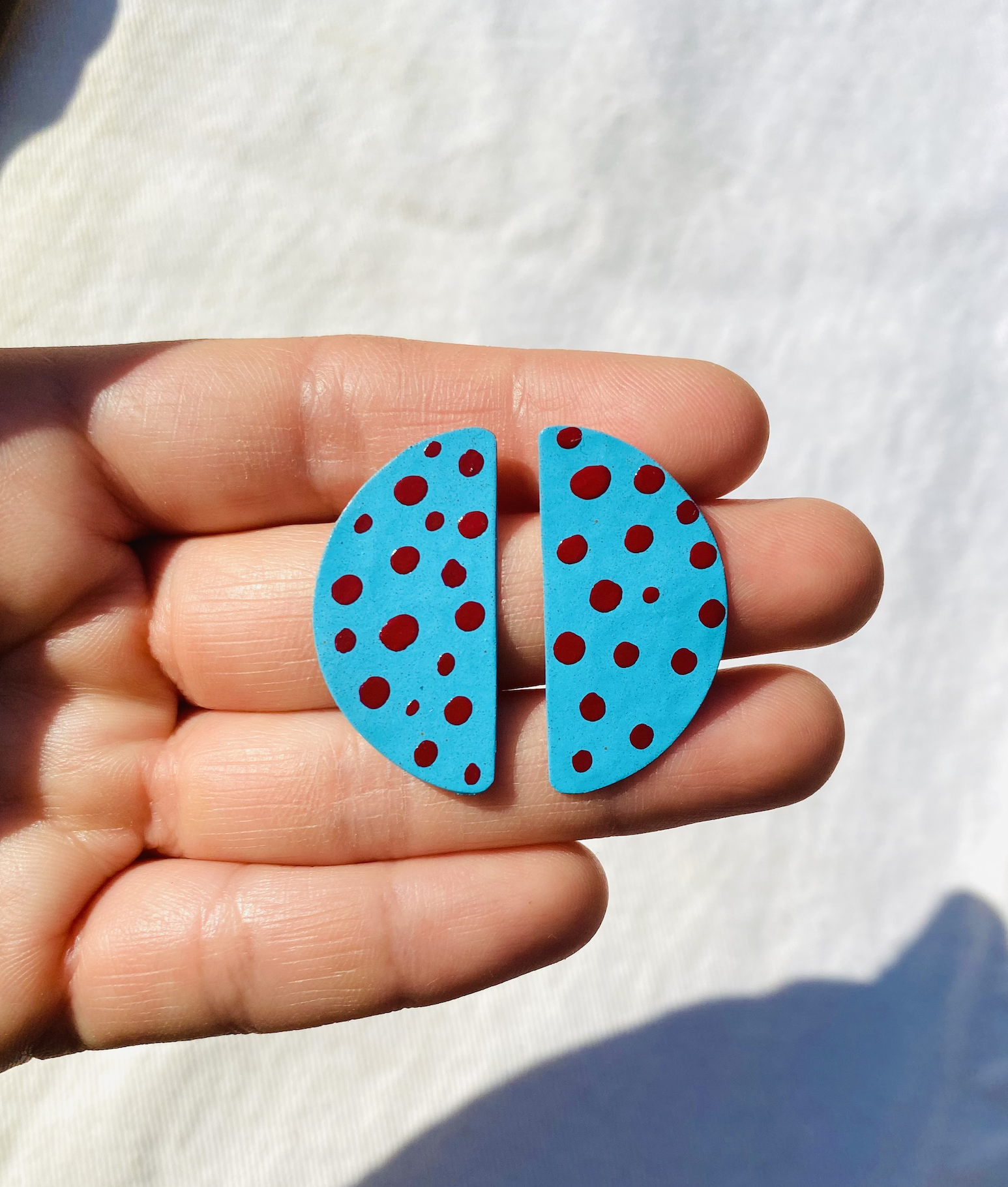 Red and Water Blue Polka Dot Stud Earrings