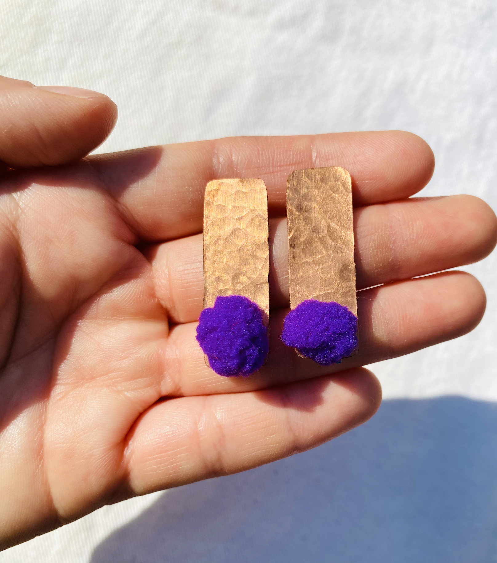 Purple Copper Stud Pom Pom Earrings 