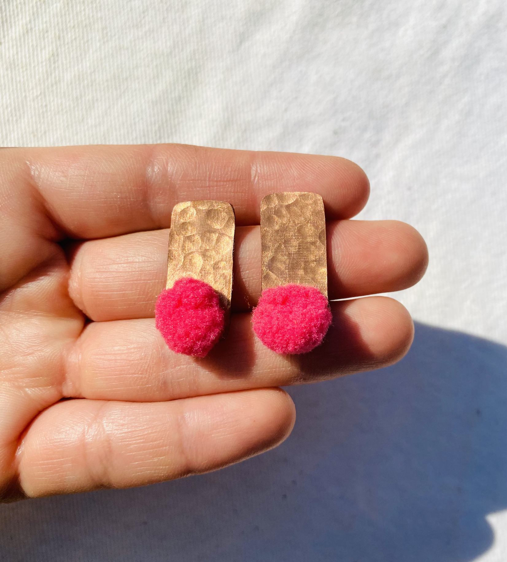 Pink Pom Pom Copper Stud Earrings